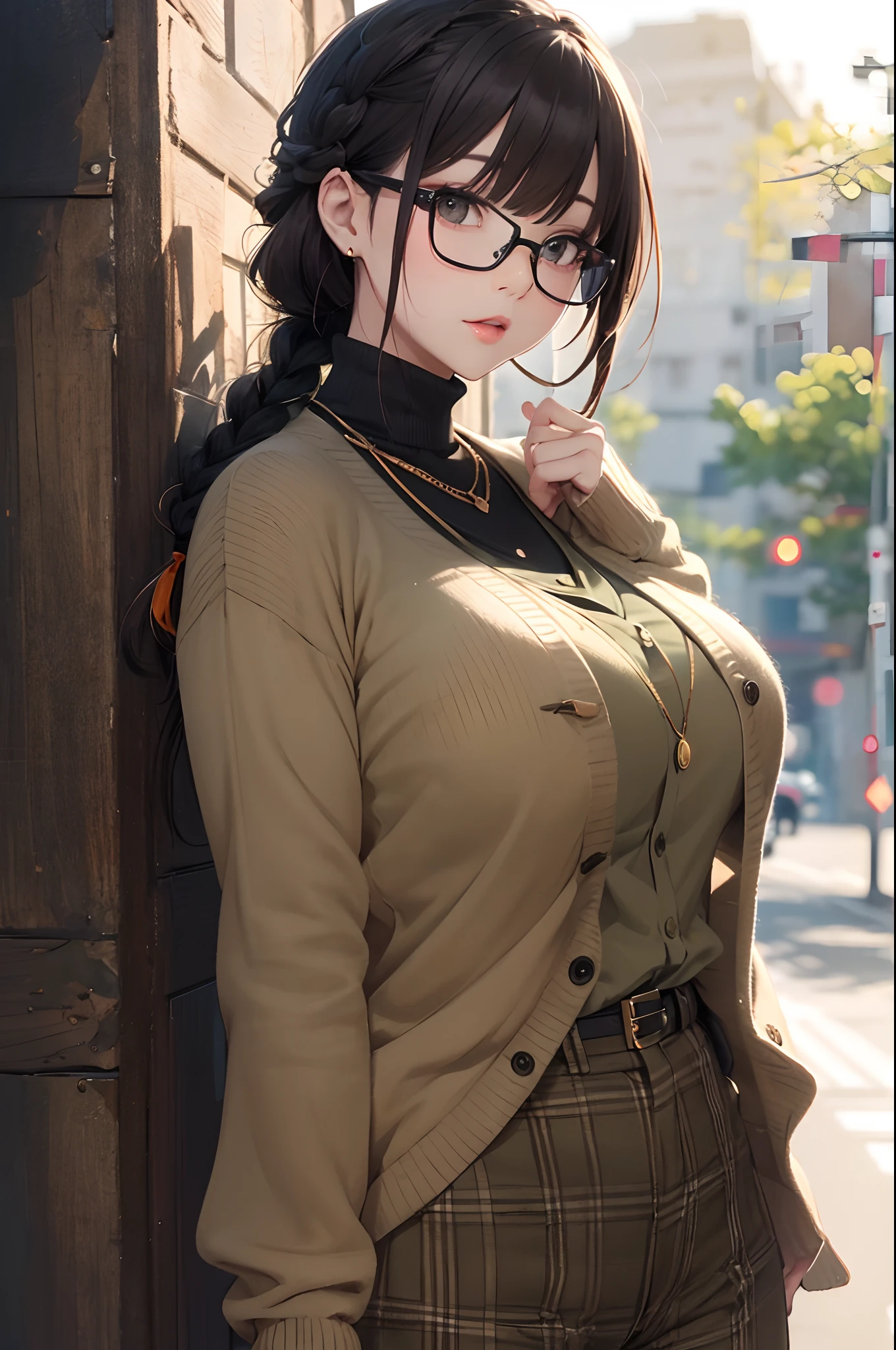 (masterpiece1.5),adult lady,Huge breasts,Solo,(((braid))), Long hair, half-opened mouth,(Red Frame Glasses),(Black hair), (large eyes with double eyelids),(Thick lip),(lofty nose),(High gauge (tight fitted:1.1) (Black:1.3) turtle neck:1.1), (Tuck-in:1.3), (Orange Cardigan:1.2), (checkered (Dark olive green) Tapered pants:1.3), Dark brown belt, Gold necklace, (Dark brown:1.1) lowfers,Nice backgrounds for your subject、beatiful backgrounds、spot light、Vibrant colors、(((Detailed drawing)))、Perfect Beautiful Girl