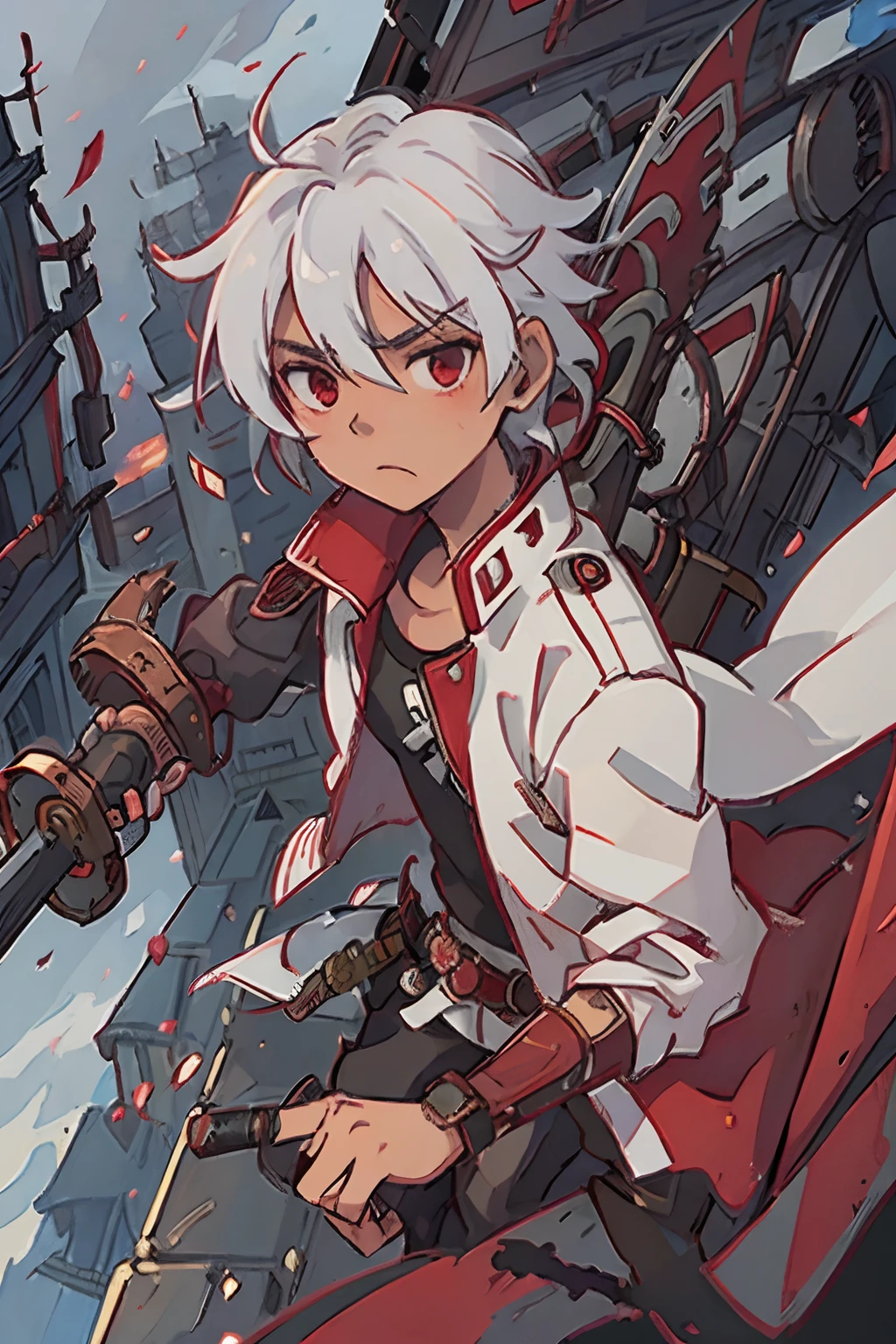 A dark-skinned boy with white hair and red eyes, wearing a scarlet red jacket, wielding a katana in a steampunk setting, with the background blurred, focusing on the boy atop a building with the wind blowing