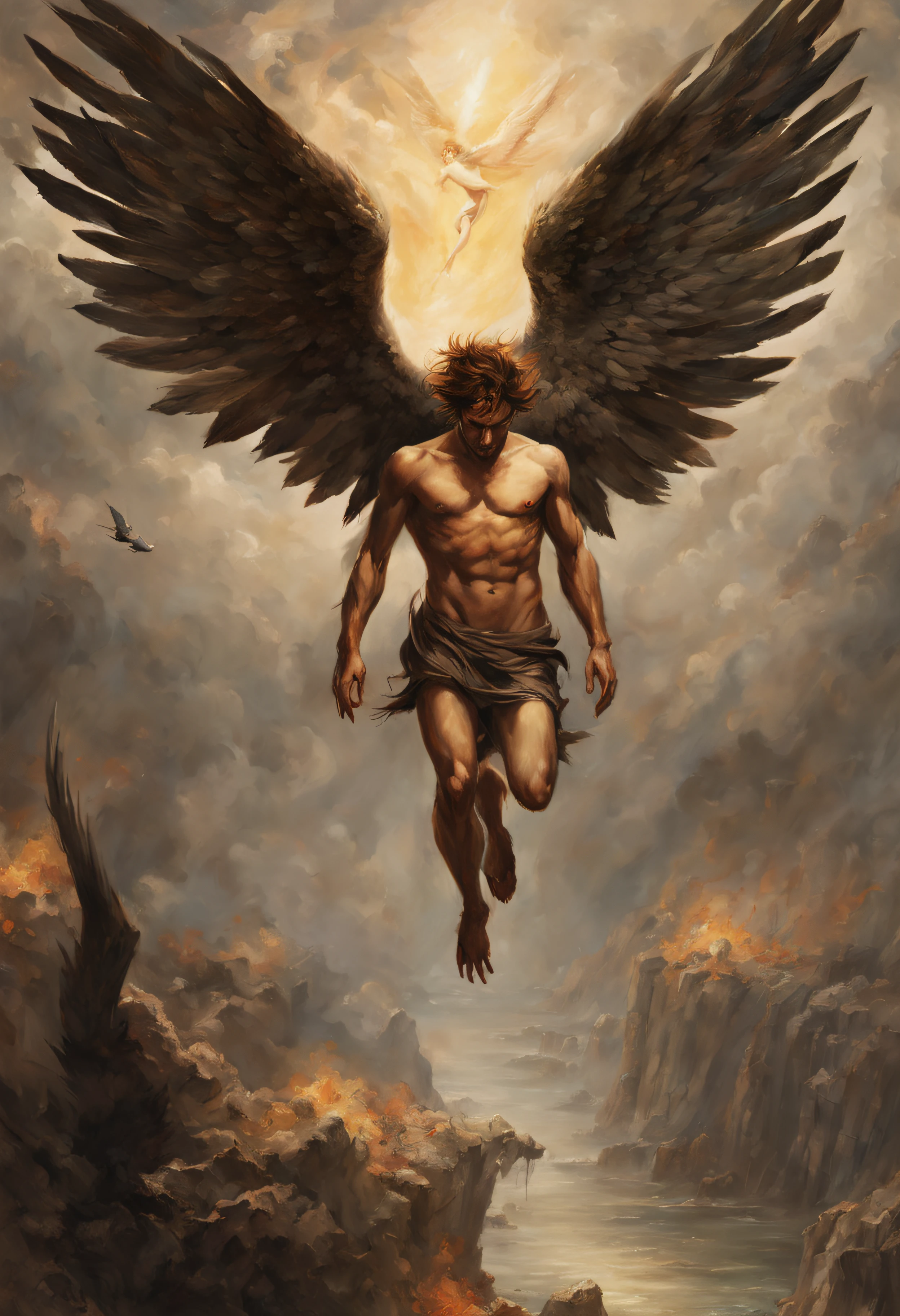 Icarus is injured, falling into an abyss, his wings are burning, hell is beneath him with hundreds of crazy people, he tried to reach the sky.