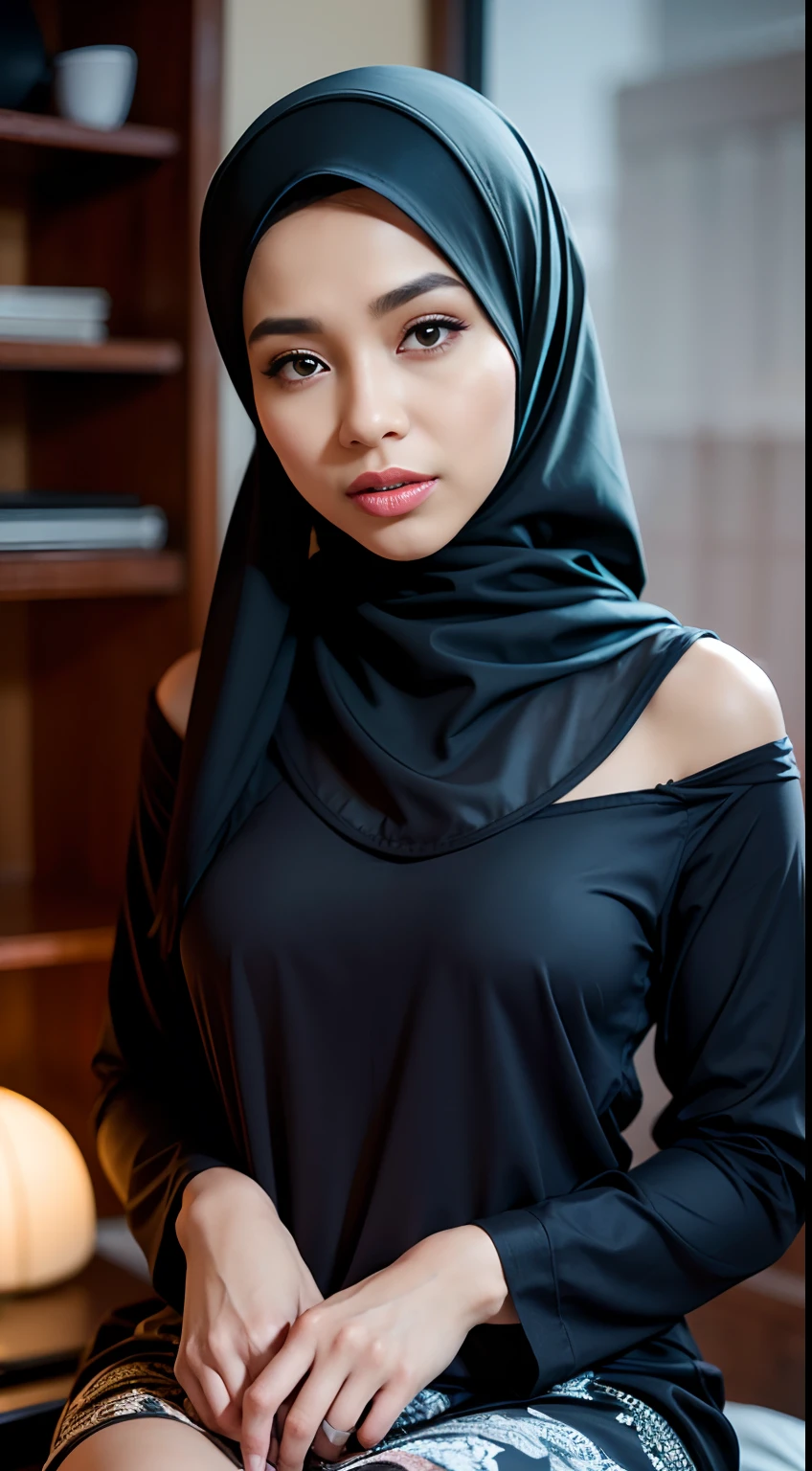 1 malay girl , modern plain hijab, best qualtiy，tmasterpiece，A high resolution,big breast，Printed slip nightdress，Slip nightdress，Slip nightdress，hair adornments，choker necklace，jewely，beautiful face，Red high-gloss lipstick，Physically，Sitting on the bedside，sitted，Dingdall effect，realisticlying，Dark Studio，edge lit，twotonelighting，（highdetailskin：1.2），8K Ultra HD， Digital SLR, softlighting, high high quality, volumettic light, sneak shot, photore, A high resolution, 4K, 8K, Background bokeh,