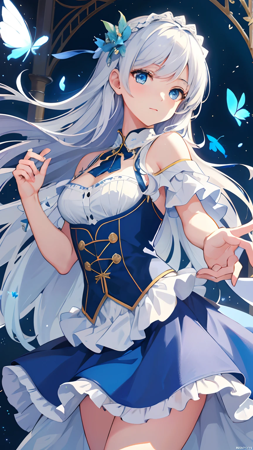 (illustration:1.1),(Best quality),(Masterpiece:1.1),(beautiful and clear background:1.25),(Masterpiece, Best quality, Ultra-detailed), (Photorealistic), (Beautiful detailed eyes),
Stage,stage light,(Hair), 
，blue skirts，1girll，blue color eyes，long  white hair，Flying blue butterflies，
Bare shoulders