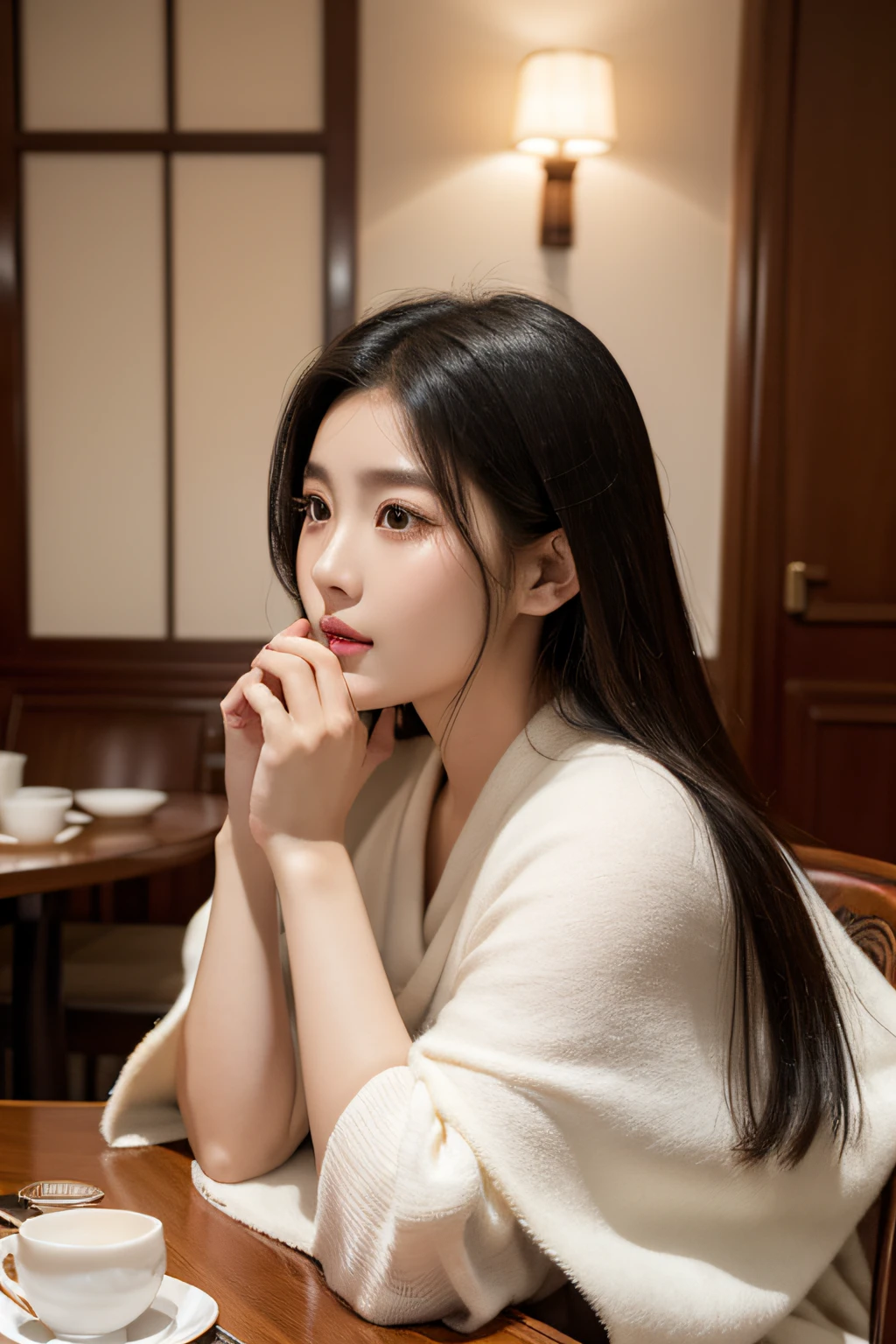 Side face, upturned nose, thick lips, shawl hair, Chinese face woman, 20 years old, sitting at the dining table, holding the table with both hands, pure and holy
