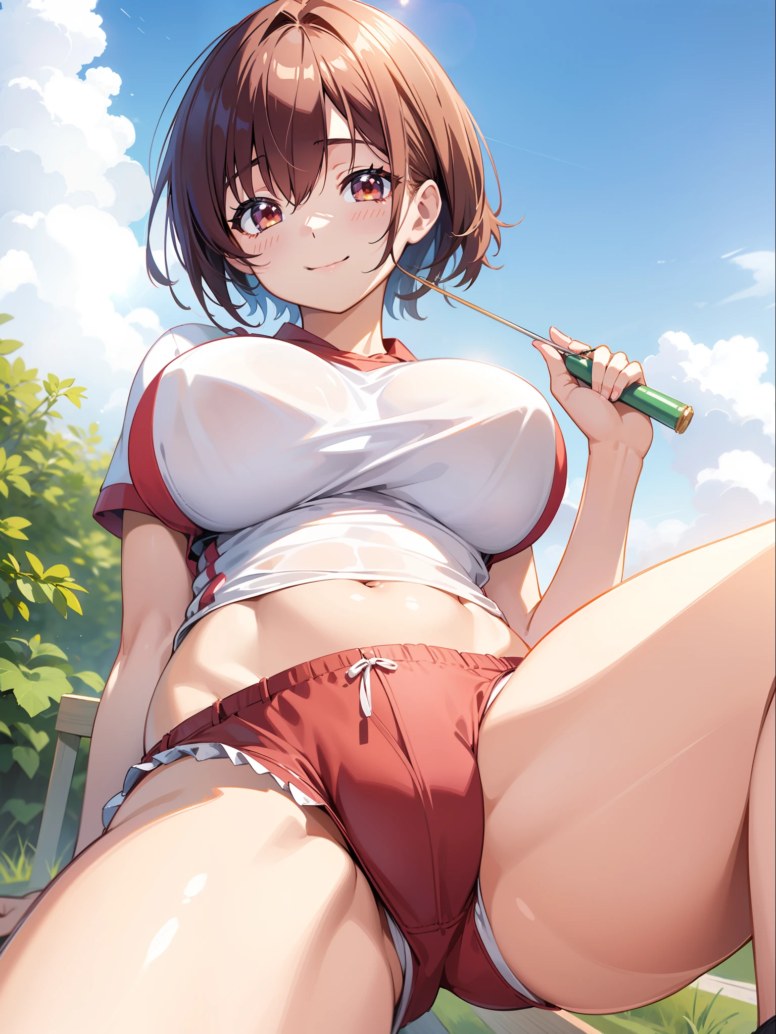 Anime girl in red shorts and white shirt, small curvy , Seductive Anime Girl, oppai, Smooth Anime CG Art, Teasing smile, hot and sunny highly-detailed, [ 4 k digital art ]!!, realistic bikini, Ecchi, a hyperrealistic schoolgirl, Kantai Collection Style, Chic, Hot with shining sun