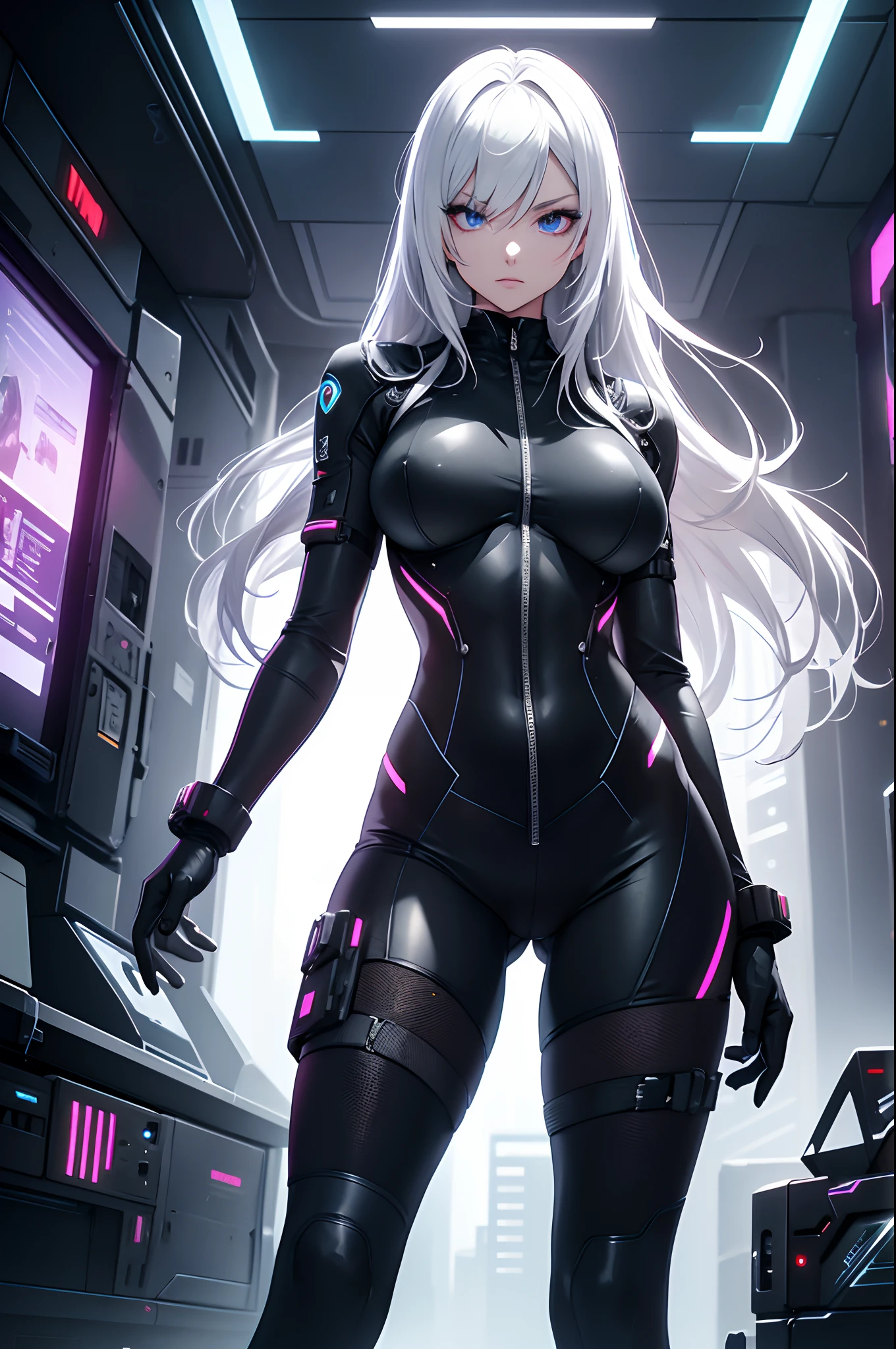 hdr, cyberpunk, futuristic, science fiction, 2k, 4k, 8k, masterpiece, highres, detailed glow, detailed reflections, 1girl, solo, slim, athletic, long hair, gradient white hair, purple pulpils, perfect hands, perfect legs, perfect eyes, {perfect detailed eyes}, {beautiful detailed face}, lower saturation, {thighhighs}, gray military uniform, neon lights, carbon, {{mechanical hand}}, space ship background, {symmetry}, goddess, [backlighting], {mythical aura}, cinematic, symbolism, {dark aura}, standing, killer intent, hands, tight black bodysuit, spaceship, big breasts, thick thighs, (defined 8-pack abs:1.1), femdom, dominant, slim waist, ample chest, microphone, pilot