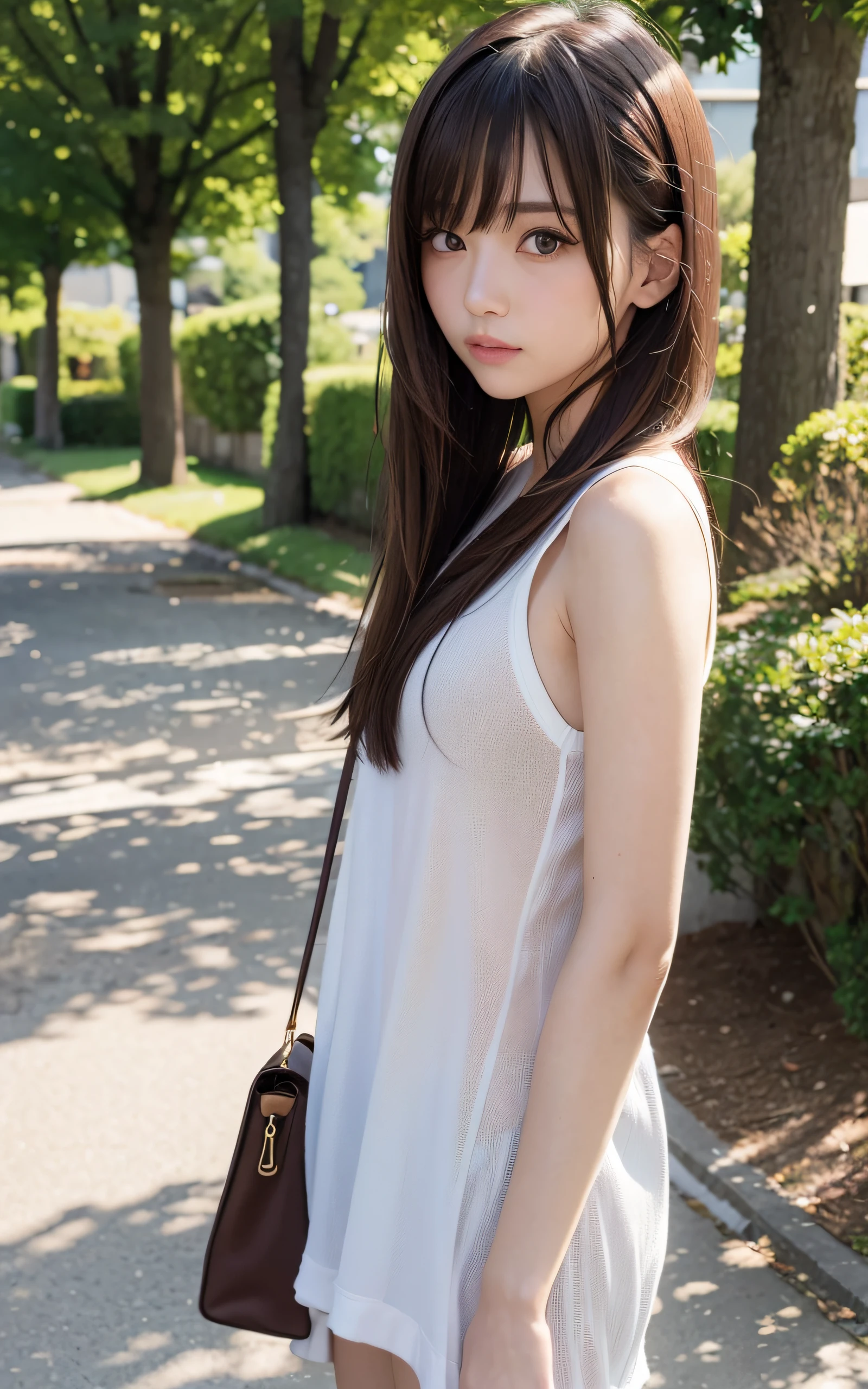 masutepiece, ultra-detailliert, Best Quality, raw phote, (Photorealistic:1.1), Insanely detailed, 1girl in, Beautiful, Cute, Sleeveless shirt, sad, Medium Hair, Bangs, How the ends of hair are blown away by the wind, (Brown eyes), pale skin, from the front side, Soft light, depth of fields ,Park, a person々Crowd of