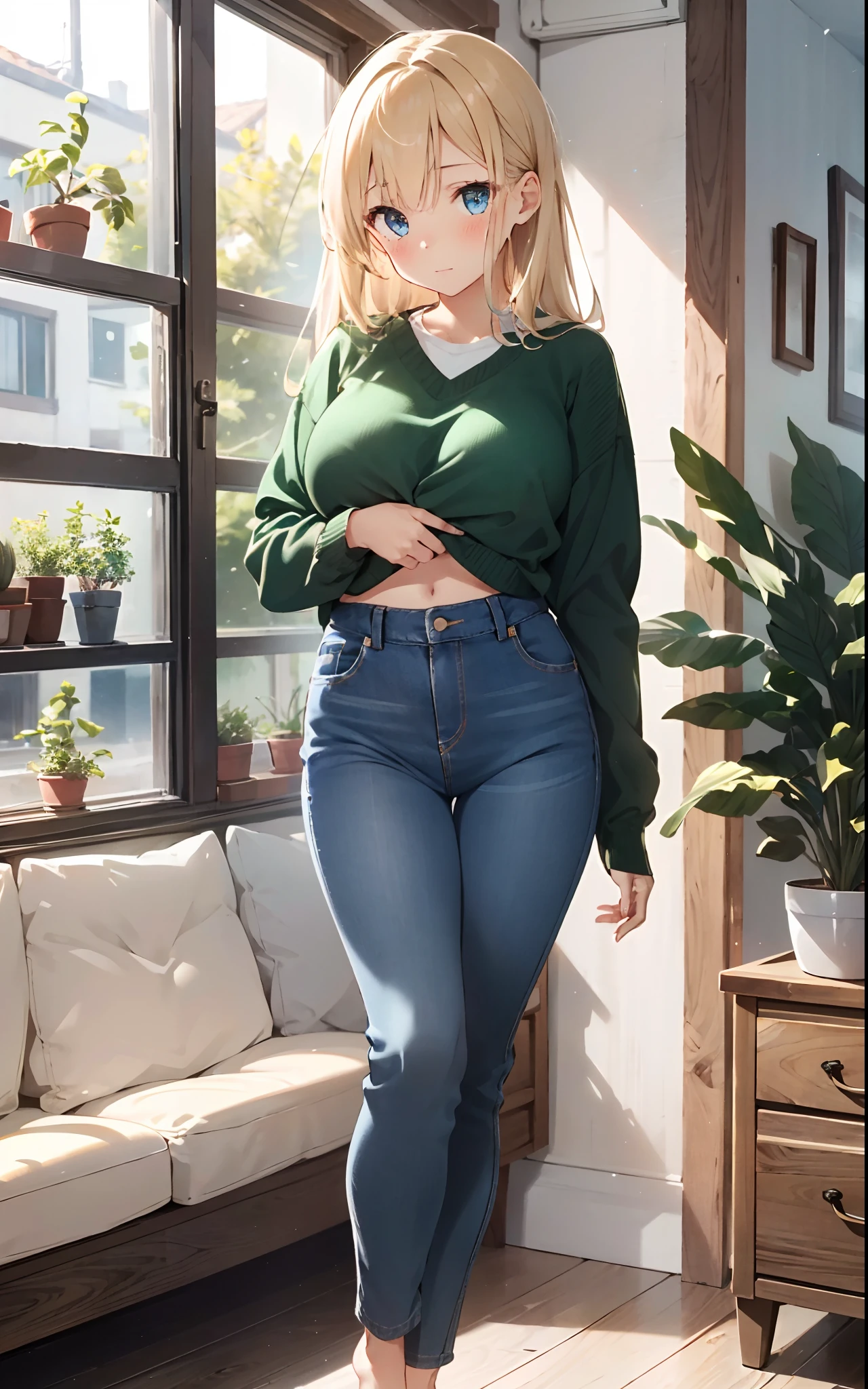 1girl, sexy, blond hair, open forehead, blue eyes, blush, shy, not safe for work, large breast, green sweater, skinny blue denim pants, thin waist, wide hips, barefoot, indoor, living room, window and plants, ultra high resolution, full body shot
