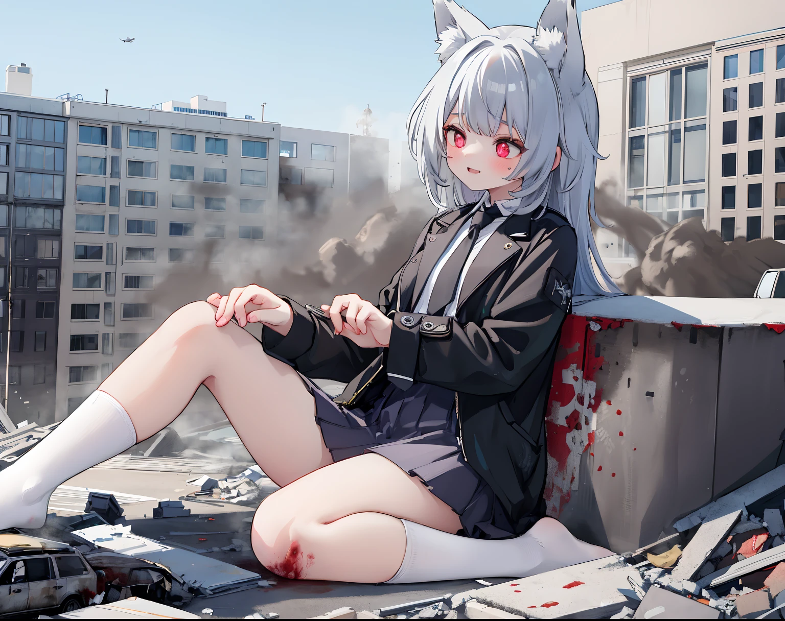 1girll, old, full bodyesbian, Bigger than the building,No shoes,{Black stockings},Black jacket with white shirt ,Blue tie,Dark black-gray hair,Wolf ears,Light red eyes,A cold expression, Destroyed buildings, Sit on a destroyed building,The one who was trampled to death,Blood stains on socks,GTSCity, As a giantess, Bright pupils, Smile, Naughty face, 16k, High quality, High details, Anatomically correct, Textured skin,The feet emit steam,