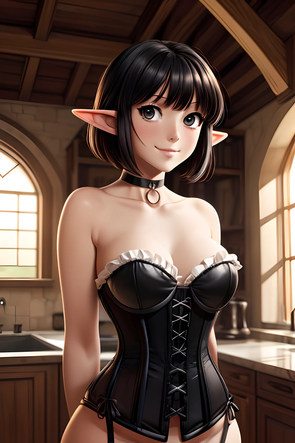 elf girl, Gentle, ((black  hair)) Disheveled short hair with long bangs, ((Beautiful and detailed face)), Charming, smiles gently, Kind expression on his face, Facing the camera, ((Skin color: white)), Body glare, ((Clear and detailed eyes)), ((Beautiful Female Eyes)), ((kblack eyes)), ((Perfect Sexy Figure)), ((Ideal body shapes)), big thighs, ((Subtle and beautiful)), ((sexy clothes: Medieval innkeeper dress with ((black corset)) and sexy neckline, chocker on neck)), Standing at full height, embarrassed as a servant holding hands together, background: Modern Kitchen Beautiful House, Depth of field, ((ultra quality)), ((tmasterpiece)), ((clear image)), ((crisp details)), ((Realistic)), ((Professional Photo Session)), ((Clear Focus)), the anime, ((Colorfully drawn)), NSFW