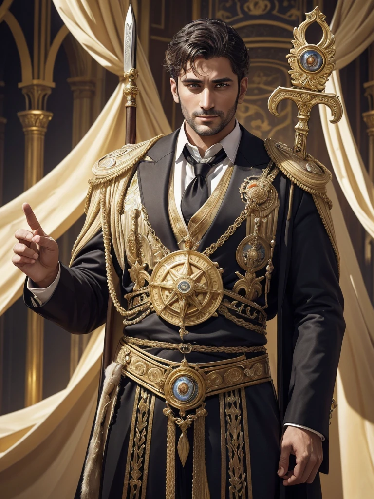 Roman Emperor Constantine the Great resurrected in modern times、Lion-like eyes、Bright and sharp eyes、Deep smile、Harboring dangerous ambitions、Wearing a luxury suit、neck tie、Bold composition、The majesty of a ruler、34 years old、mature、manly、Competent and hard-working、Successful businessman、He holds a holy spear that emits a flash of gold。Fight to protect the woman you love。Repentance, Forgiveness, Healing, and Peace、reuthentic、Gentle and kind、Usually gentle, but cold when necessary、Scenery of Venice、Background of St. Mark's Basilica、Easter season、Nostalgic atmosphere、Hope for the future、lyrical、A glamorous and fantastic costume festival、Psychic Battle、Modern Fantasy、『In the name of the Father, and of the Son, and of the Holy Ghost』elegance、opulent、elegan、​masterpiece、top-quality、