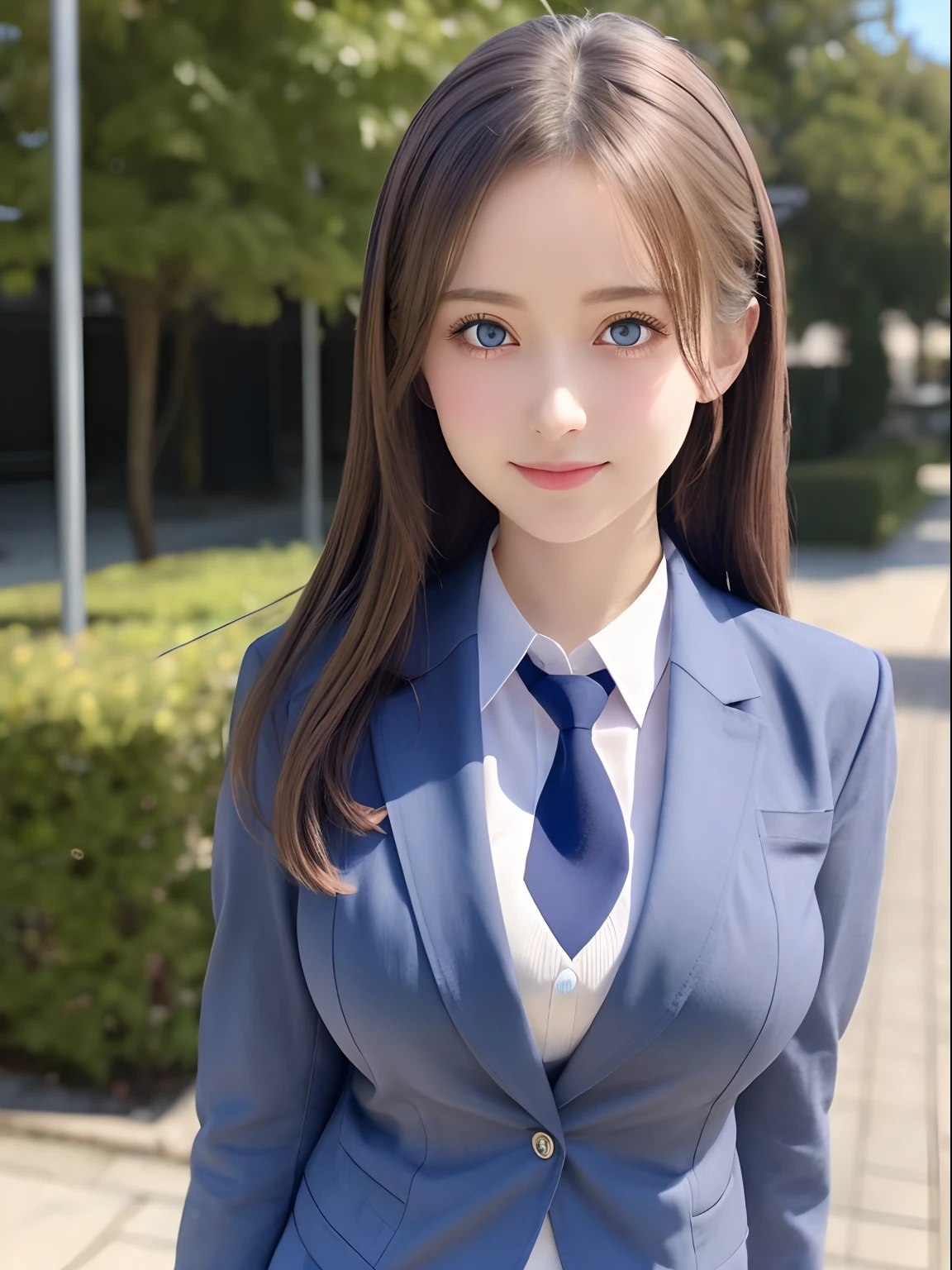 8K, Best Quality, real picture, Intricate details, ultra-detailliert, 超A high resolution, Depth Field,(Photorealistic,Realistic:1.2),masutepiece , straight-on shot , from miiddle ,
1girl in, AI_chan, an extremely beautiful 17-year-old girl, Innocent big eyes,、beutiful breast:1.5、ultradetailed eyes:1.2)、(Beautiful breasts:1.1)、a blond、Twin-tailed、blue eyess, flawless skin, Fair skin, Huge breasts, cleavage, Narrow waist, Light blush, Solo, Looking at Viewer, lightsmile,
 ((School_uniform),(Dark blue blazer),  (white  shirt、Wearing a tie), (Grey pleated skirt), 
(Gravure Pose :1.1)