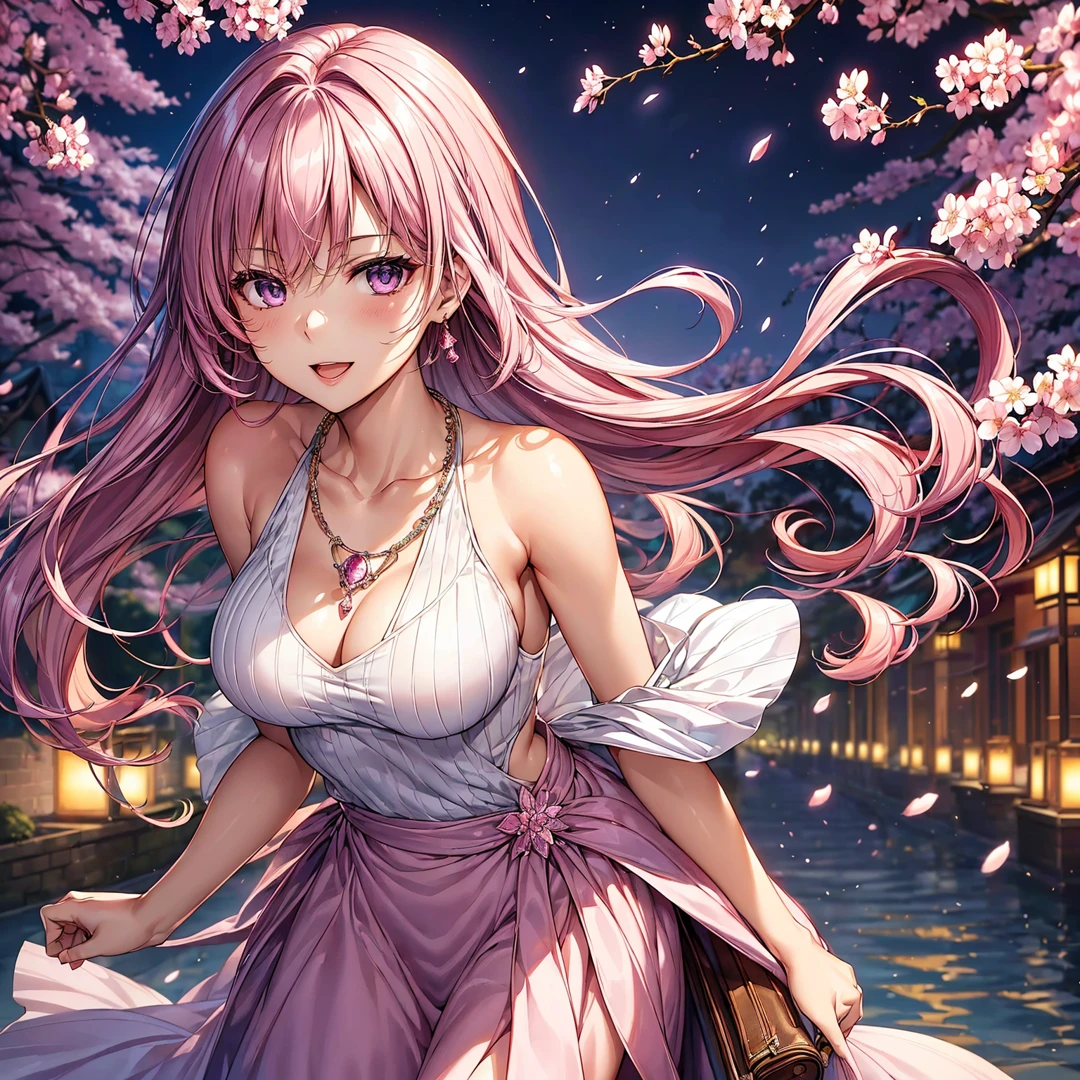 (top-quality、masterpiece、very high res、An ultra-high picture quality、High quality pixels)、(She is a woman of perfect and ultimate beauty, And she is 18 years old,1 person,Single,独奏:1.5)、(She is a very beautiful woman with a beautiful face)、(Beautiful face written in detail,Beautiful body,Strong-willed eyes,Purple eyes,Beautiful pink hair,Beautiful skin texture)、(Beautiful hair quality,Variety of hairstyles)、(She has a slender figure and her breasts are D cups)、(lovely smile,Smile, Open mouth,),(Sleeveless knitwear,pleatedskirt,1 diamond necklace,1 handbag,shoulders are exposed),(Rows of cherry blossom trees at night,Night cherry blossoms in full bloom,Lanterns light),(model poses,modelshoot,Magazine shooting,Hair flutters under the influence of the wind),The wind is blowing、Beautiful Art Style, an animated character、(The whole picture、Detailed picture、accurate anatomy、Defect-free images、extremely detailed picture、Accurate images、Perfect Image 1.5)、(Best Shot Photo 1.2)