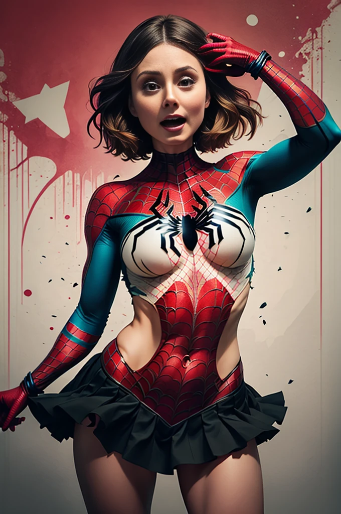 Kristen Bell、Sticking out the navel、newyork、She wears a torn Spider-Man suit,wearing skirt、 Red and black color scheme,Dynamic、​masterpiece、top-quality、ultra-detailliert、ighly detailed、beautiful detailed brilliance、超A high resolution