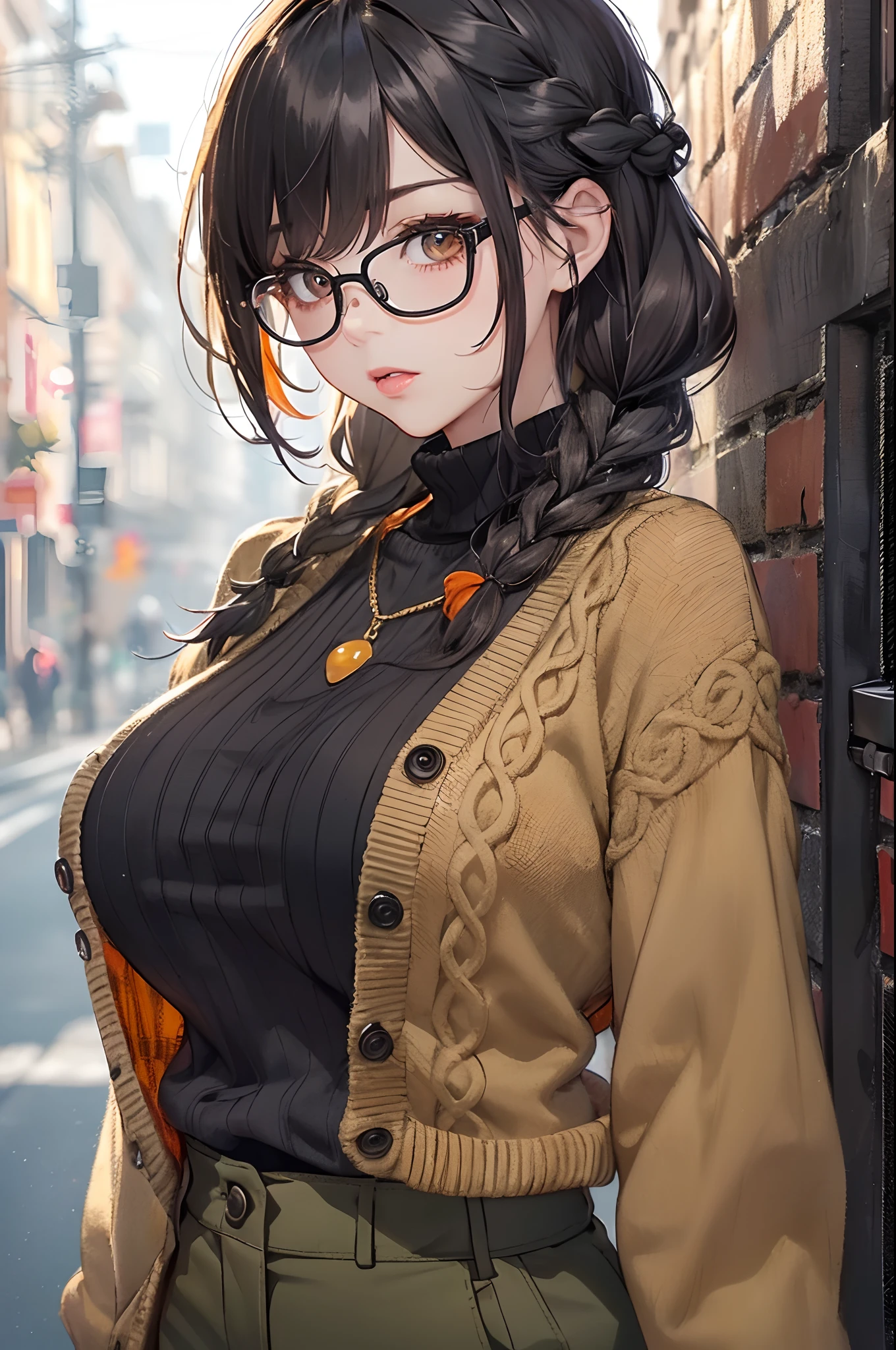 (masterpiece1.5),adult lady,Huge breasts,Solo,(((braid))), Long hair, half-opened mouth,(Red Frame Glasses),(Black hair), (large eyes with double eyelids),(Thick lip),(lofty nose),(High gauge (tight fitted:1.1) (Black:1.3) turtle neck:1.1), (Tuck-in:1.3), (Orange Cardigan:1.2), (checkered (Dark olive green) Tapered pants:1.3), Dark brown belt, Gold necklace, (Dark brown:1.1) lowfers,Nice backgrounds for your subject、beatiful backgrounds、spot light、Vibrant colors、(((Detailed drawing)))、Perfect Beautiful Girl