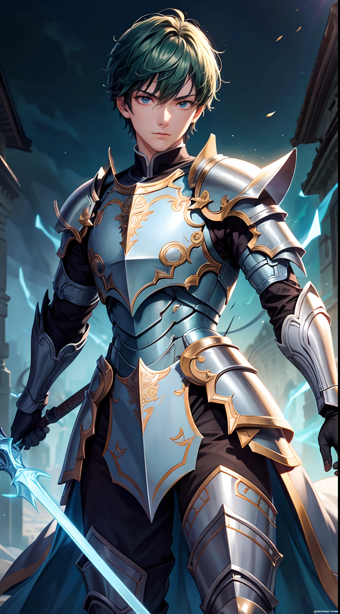 A mature and handsome man with blue pupils, short yellow hair, a confident expression, wearing gorgeous silver armor with golden patterns all over the armor, exuding light blue luster, holding a huge sword, a paladin