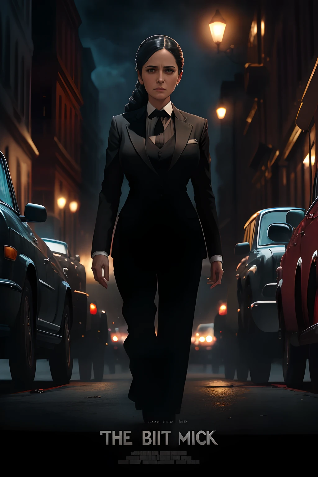 a woman in black tie, mafia style movie poster --auto