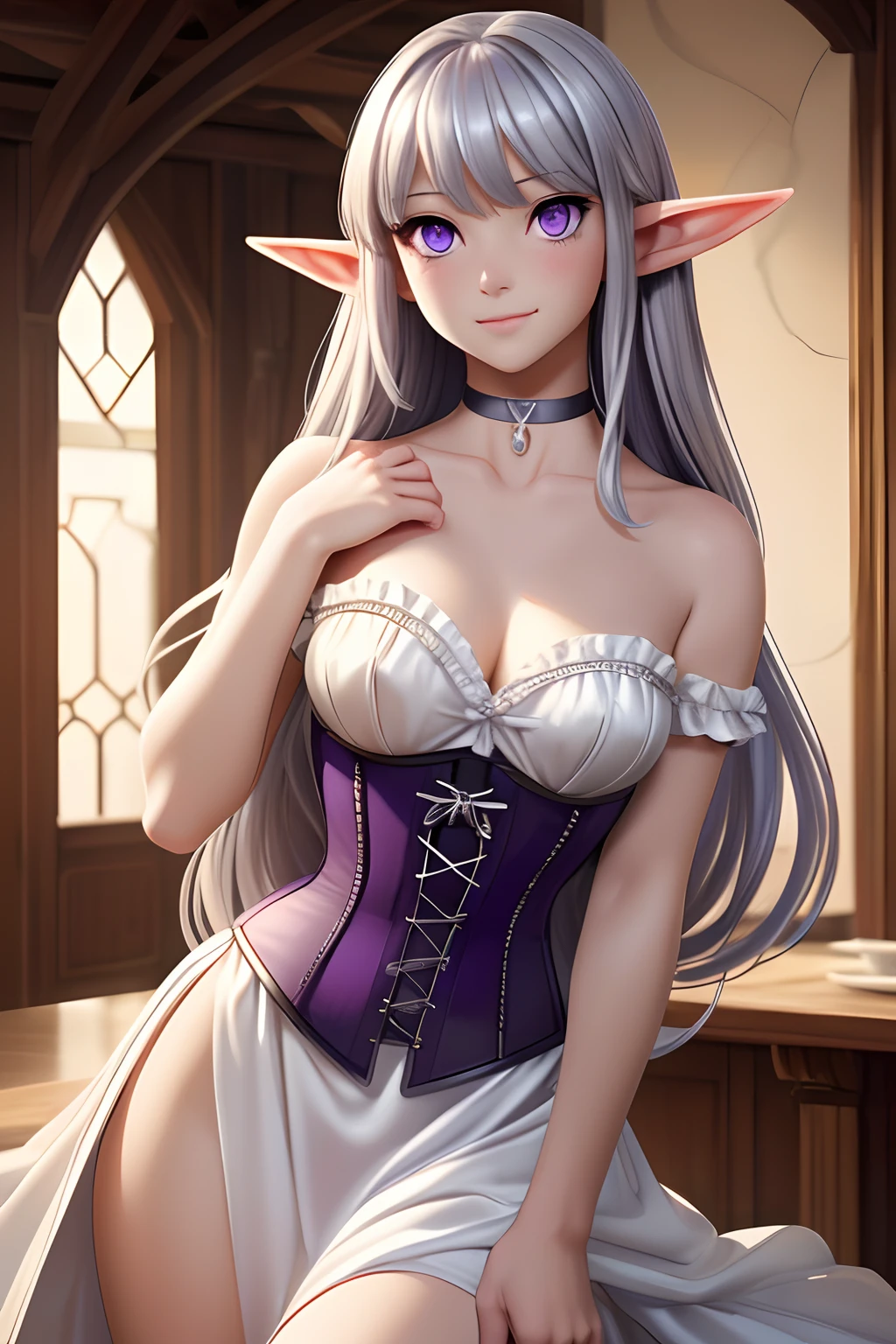 Beautiful Elf Girl, Gentle, ((Silver hair)) Messy long hair with long bangs, Beautiful cute face, Charming, smiles gently,, Kind expression on his face, Facing the camera, ((Skin color: white)), Body glare, ((Clear eyes)), ((Beautiful Female Eyes)), ((Purple eyes glow)), ((Perfect Sexy Figure)), ((Ideal body shapes)), big thighs, ((Subtle and beautiful)), ((sexy clothes: Medieval white dress with black corset and sexy neckline, chocker on neck)), stands embarrassed as a servant holds her hands together downstairs, background: Modern Kitchen Beautiful House, Depth of field, ((ultra quality)), ((tmasterpiece)), ((clear image)), ((crisp details)), ((Realistic)), ((Professional Photo Session)), ((Clear Focus)), the anime, ((Colorfully drawn)), NSFW