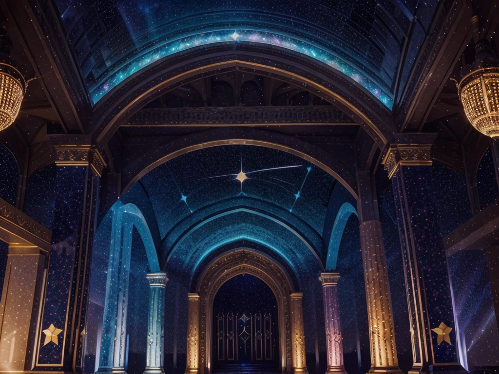 A splendid hall of illusory stars, Starlight Gate,Warm and bright bright stars, crystals, Shining stars, coloured with lots of colour, Beams of light, Asterlite cluster structure,glowing, transparent pubic hair ,The palace of stars is magnificent, warm, shining with strong pillars, and the stars are shining