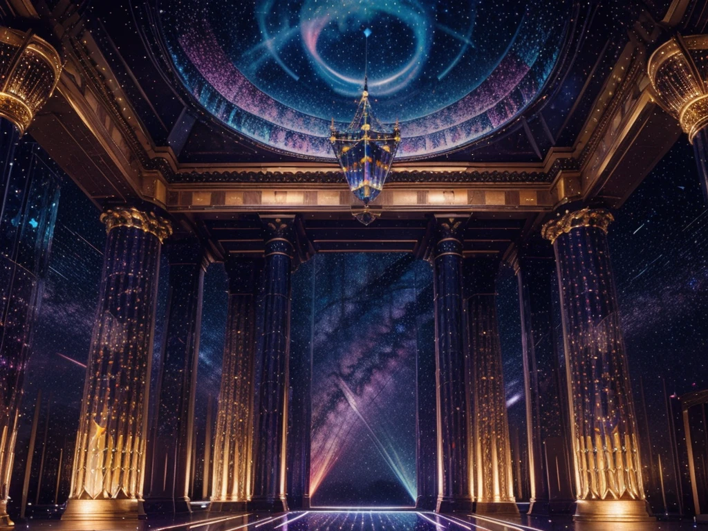A splendid hall of illusory stars, Starlight Gate,Warm and bright bright stars, crystals, Shining stars, coloured with lots of colour, Beams of light, Asterlite cluster structure,glowing, transparent pubic hair ,The palace of stars is magnificent, warm, shining with strong pillars, and the stars are shining