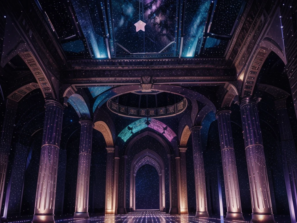 A splendid hall of illusory stars, Starlight Gate，Warm and bright bright stars, crystals, Shining stars, coloured with lots of colour, Beams of light, Asterlite cluster structure，glowing， transparent pubic hair ，The palace of stars is magnificent, warm, shining with strong pillars, and the stars are shining