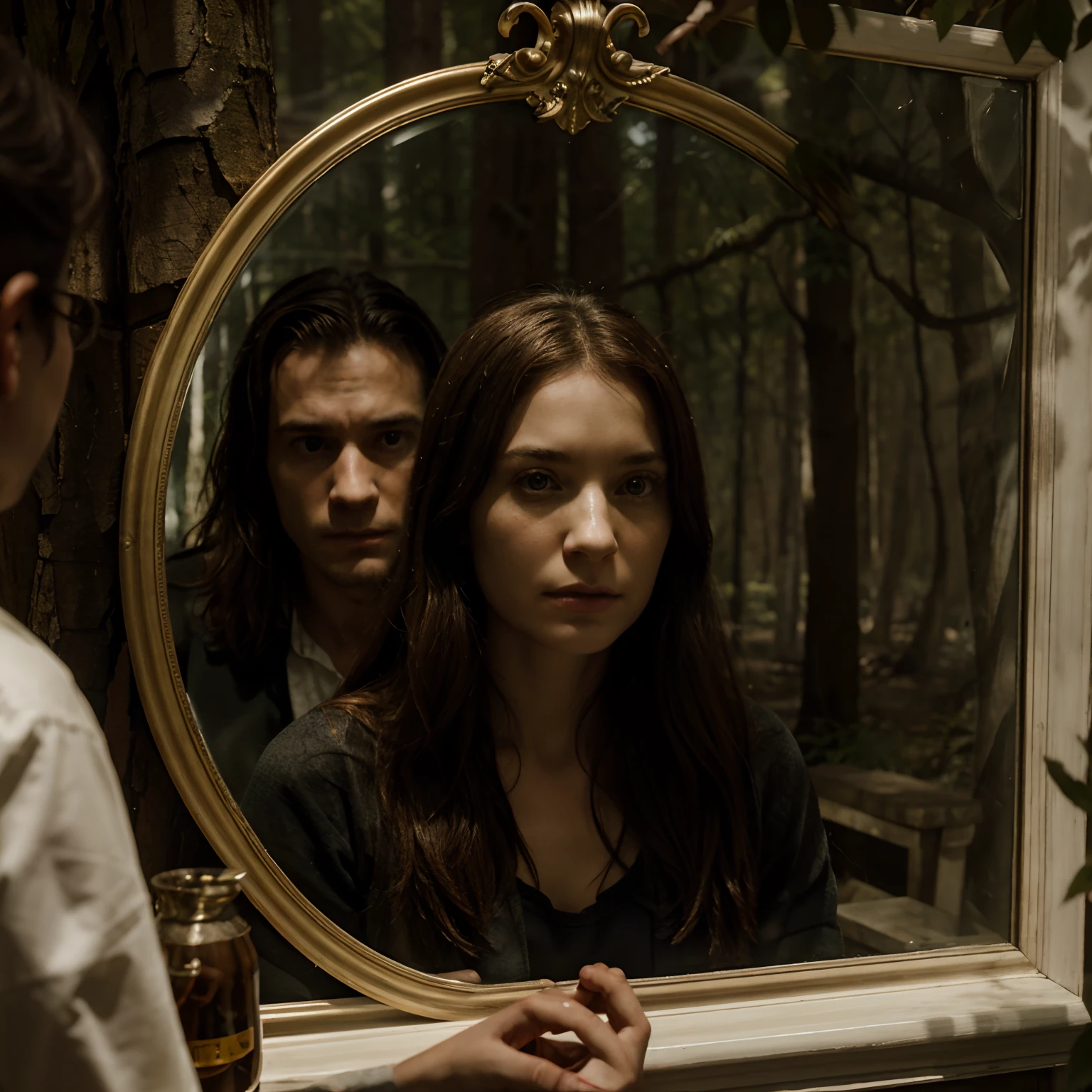Character for me of Mary and John in the woods with a haunting face and the mirror