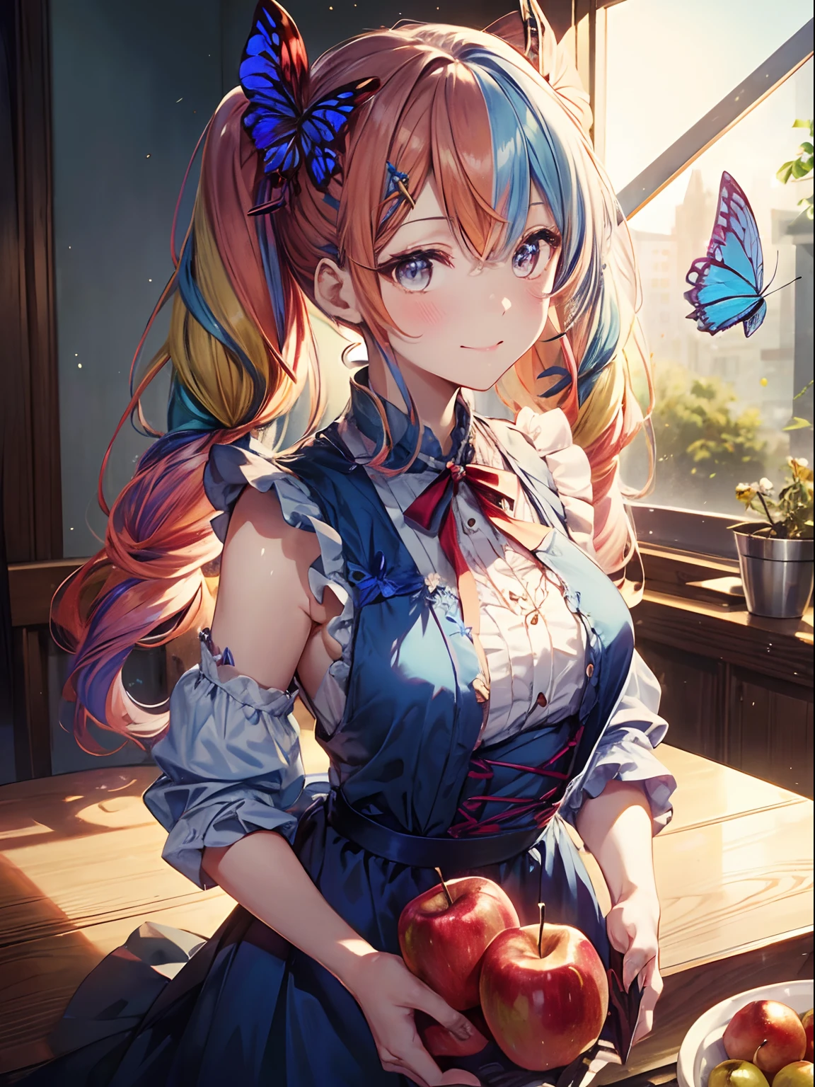 kitchin、It contains a lot of apples（2.0）、Apple tree、(masutepiece:1.3), (8K, Photorealistic, Raw photo, Best Quality: 1.4), Beautiful face, (Realistic face), Beautiful detailed eyes, (Realistic skin), Attractive, Intricate details,Golden ratio,  1 girl,Naughty smile, (rainbow hair:1.4),((Long twintails,Ribbon 1.4)),Blue butterfly apron,(Blue Butterfly Hair Ornament 1.3)、There are apples、ringo(1.5)、