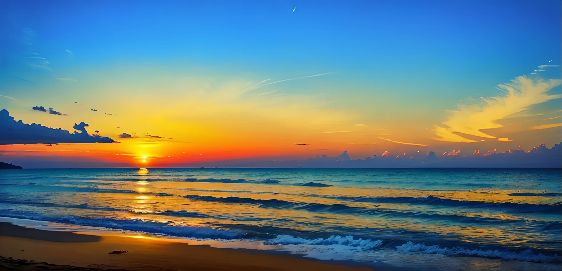 green grass、Ultramarines、an orange、Yellow blends to fill the sky、the beach、Translucent white sand、The sunset is beautiful