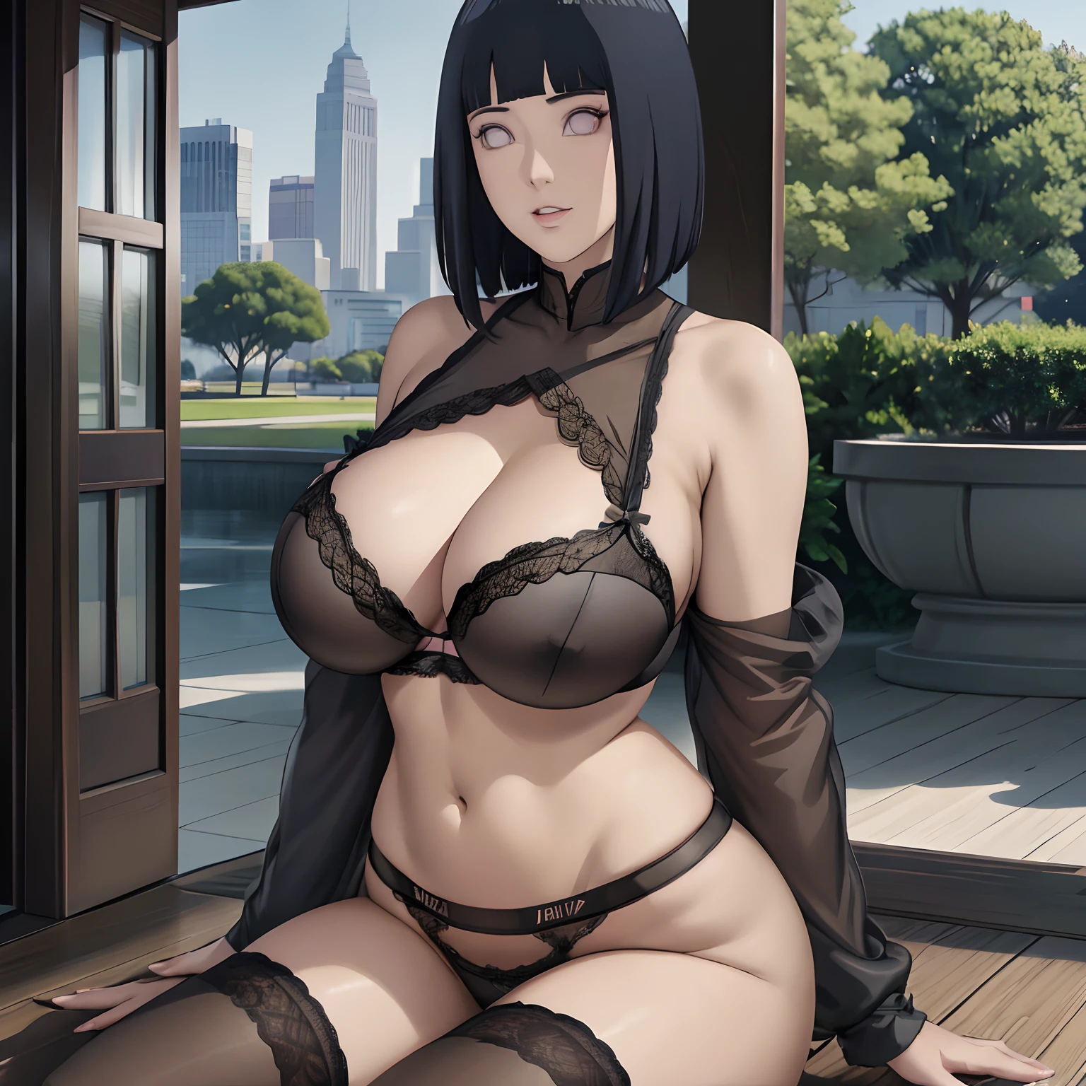 Hyūga Hinata, Mature Woman, Wearing Black Lace Bra, wearing Tight Legging, Realistic Ultra Gigantic Breast : 8.9, Breast About to Burst out, PP cup Breast, Seductive Look, At City Park, full body shot, depth of field, best quality photo, 2048 p, 64K HDR,Nikon D7000