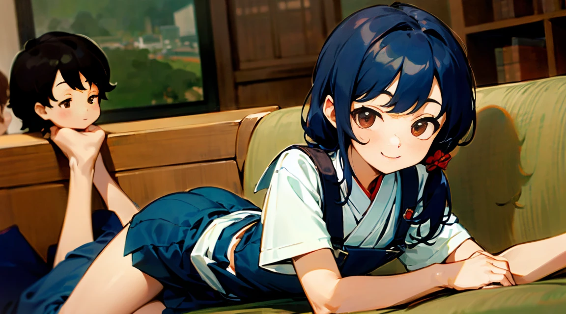 Young girls，double-ponytail，Pale blue hair，red color eyes，JK school uniform，solo person，Maid skirt，white stockings，White knee-length socks，Suspenders，looking to the camera，in a panoramic view，Lying on the couch，Five black males，White T-shirt，denim pant，Smiling at the girl，Masterpiece，Best quality，Japanese style binding，tatami mats，bedroom background，4k，Outstanding work。