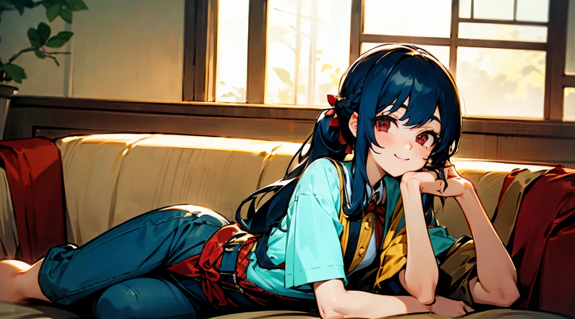 Young girls，double-ponytail，Pale blue hair，red color eyes，JK school uniform，solo person，Maid skirt，white stockings，White knee-length socks，Suspenders，looking to the camera，in a panoramic view，Lying on the couch，Five black males，White T-shirt，denim pant，Smiling at the girl，Masterpiece，Best quality，Japanese style binding，tatami mats，bedroom background，4k，Outstanding work。