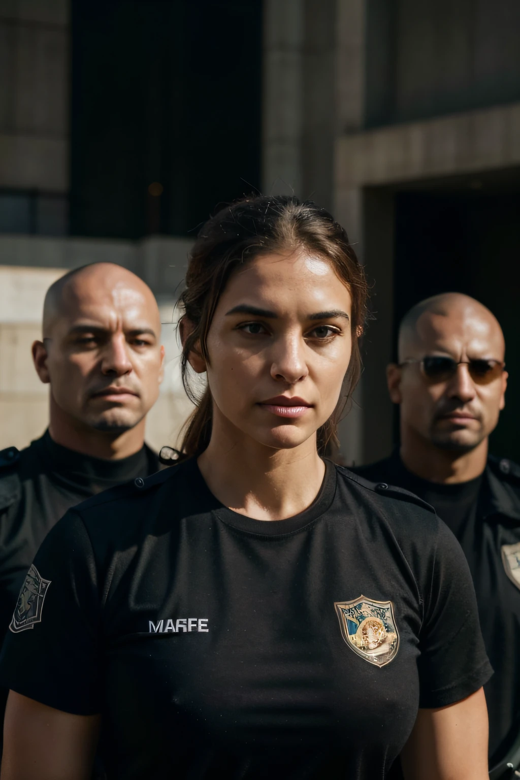 In this compelling visual, a group of security bodyguards stands with an air of unwavering determination. Their attire is marked by a powerful and succinct text logo, "SAFE ME," boldly displayed on each T-shirt. The crisp lettering on their shirts serves as a clear declaration of their mission—to safeguard and protect. The text logo is strategically placed, becoming a distinctive and recognizable emblem that communicates the bodyguards' commitment to ensuring safety. Against the backdrop of their composed and vigilant demeanor, the "SAFE ME" logo adds an extra layer of authority and purpose to their presence. The overall image conveys a sense of professionalism, strength, and a focused dedication to the security mission at hand.