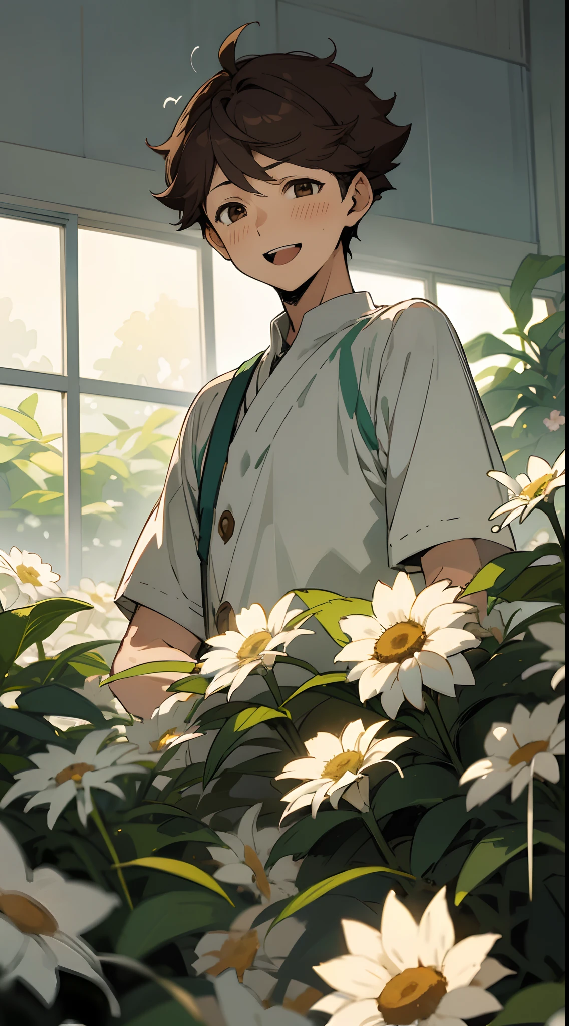 1 man, solo focus, oikawa tooru, brown eyes, brown hair, short hair, looking in front, facing forward, looking at viewer, perfect face, flowers, plants, cinematic lighting, laughing, joy, ecstatic, my heart is filled with joy, warmth, happiness, exciting, detailed shading, details