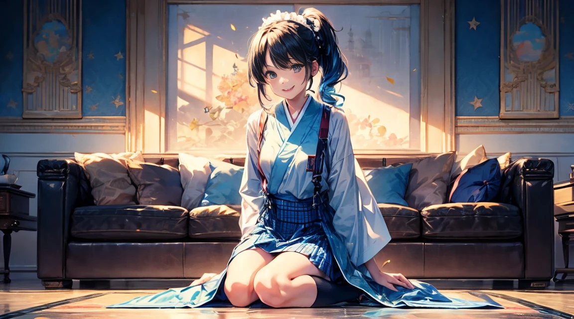 Young girls，double-ponytail，Pale blue hair，red color eyes，JK school uniform，solo person，Maid skirt，white stockings，White knee-length socks，Suspenders，looking to the camera，in a panoramic view，Lying on the couch，Five black males，White T-shirt，denim pant，Smiling at the girl，Masterpiece，Best quality，Japanese style binding，tatami mats，bedroom background，4k，Outstanding work。