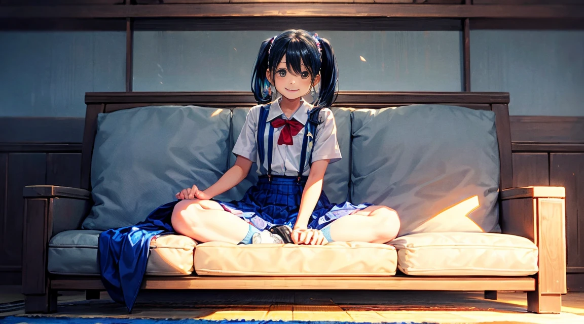 Young girls,double-ponytail,Pale blue hair,red color eyes,JK school uniform,solo person,Maid skirt,white stockings,White knee-length socks,Suspenders,looking to the camera,in a panoramic view,Lying on the couch,Five black males,White T-shirt,denim pant,Smiling at the girl,Masterpiece,Best quality,Japanese style binding,tatami mats,bedroom background,4k,Outstanding work。