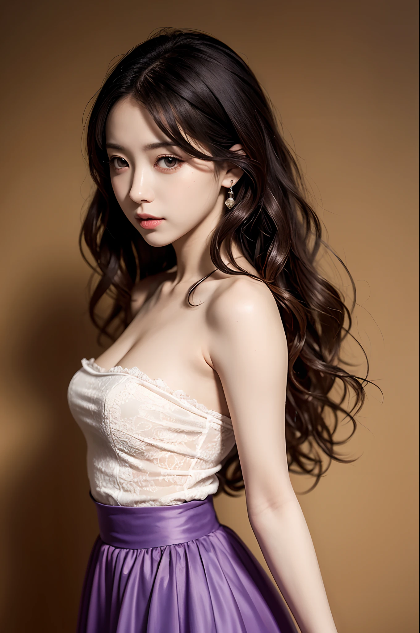 Detailed background, masutepiece, Best Quality, 1 person , Curly hair, Long hair, Purple eyes, Strapless blouse, long skirt