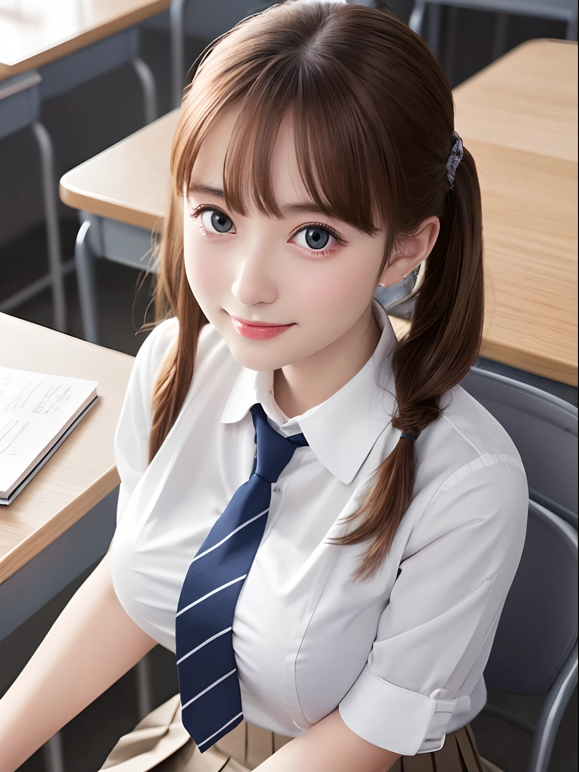 8K, Best Quality, real picture, Intricate details, ultra-detailliert, 超A high resolution, Depth Field,(Photorealistic,Realistic:1.2),masutepiece , straight-on shot , from miiddle ,
1girl in, AI_chan, an extremely beautiful 17-year-old girl, Innocent big eyes,、beutiful breast:1.5、ultradetailed eyes:1.2)、(Beautiful breasts:1.1)、Brown hair、shorth hair、low twintails、short twintails、Curly hair, flawless skin, Fair skin, Huge breasts, cleavage, Narrow waist, Light blush, Solo, Looking at Viewer, lightsmile,Sitting at a desk in a classroom、
((School_uniform)、 (white shirt、Wearing a tie), (Grey pleated skirt),
(Gravure Pose :1.1)
