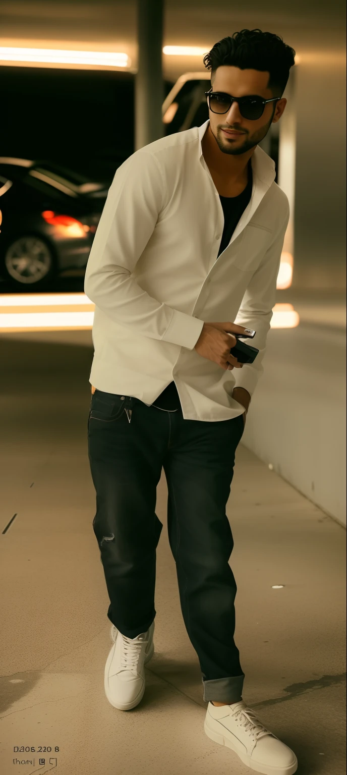 there is a man standing in a parking garage with his cell phone, stylish pose, candid picture, with a cool pose, taken with canon 8 0 d, full body photogenic shot, mohamed chahin style, casual pose, cinematic full shot, taken with sony alpha 9, handsome man, full body picture, satisfied pose, cinematic full body shot, candid photo, cool pose