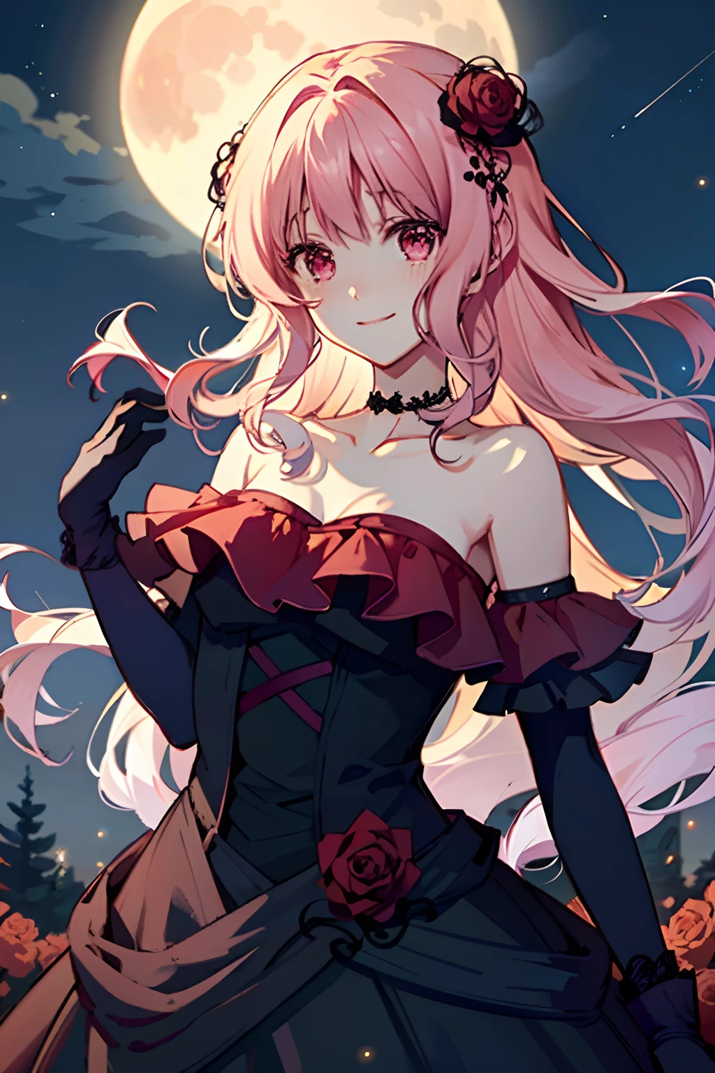 (masterpiece, best quality)
YuiDiabolikLovers, 1girl, solo, long hair, looking at viewer, smile, bangs, pink hair, hair ornament, golden eyes, gloves, dress, bare shoulders, closed mouth, collarbone, upper body, flower, outdoors, frills, sky, choker, black gloves, elbow gloves, hair flower, necklace, black dress, strapless, night, rose, moon, red flower, night sky, strapless dress, full moon, red rose