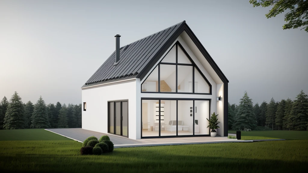 arafed house with a black roof and a white exterior, minimalistic house in the wood, modern house in the wood, luxcore render, one house, high quality rendering, precise architectural rendering, small scandinavian!!! houses, simple gable roofs, in style of ultra realistic, sleek utopian design, award-winning render, concept house, house in forest