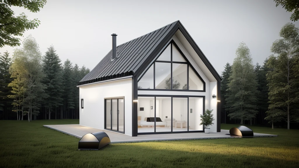 arafed house with a black roof and a white exterior, minimalistic house in the wood, modern house in the wood, luxcore render, one house, high quality rendering, precise architectural rendering, small scandinavian!!! houses, simple gable roofs, in style of ultra realistic, sleek utopian design, award-winning render, concept house, house in forest