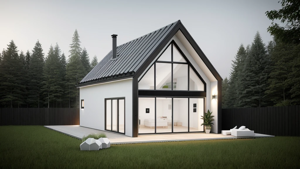 arafed house with a black roof and a white exterior, minimalistic house in the wood, modern house in the wood, luxcore render, one house, high quality rendering, precise architectural rendering, small scandinavian!!! houses, simple gable roofs, in style of ultra realistic, sleek utopian design, award-winning render, concept house, house in forest