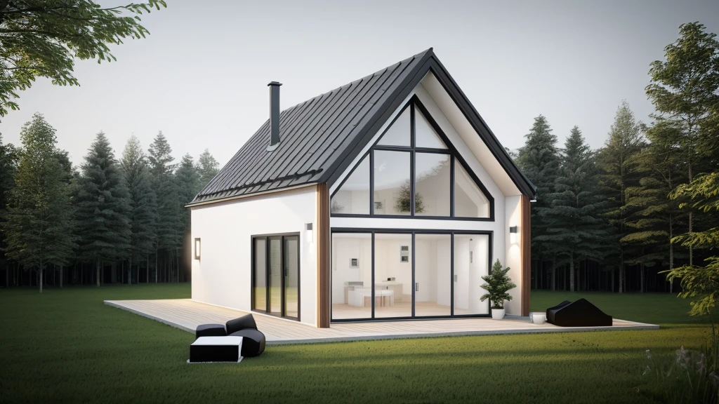 arafed house with a black roof and a white exterior, minimalistic house in the wood, modern house in the wood, luxcore render, one house, high quality rendering, precise architectural rendering, small scandinavian!!! houses, simple gable roofs, in style of ultra realistic, sleek utopian design, award-winning render, concept house, house in forest