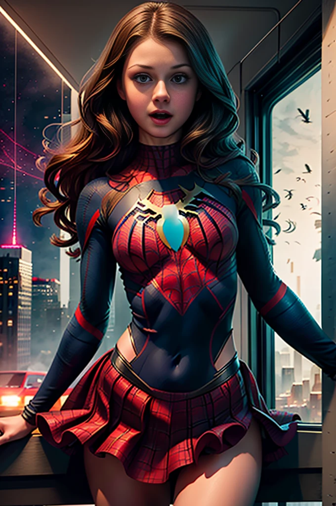 Melissa Benoist、Sticking out the navel、newyork、She wears a torn Spider-Man suit,wearing skirt、 Red and black color scheme,Dynamic、​masterpiece、top-quality、ultra-detailliert、ighly detailed、beautiful detailed brilliance、超A high resolution