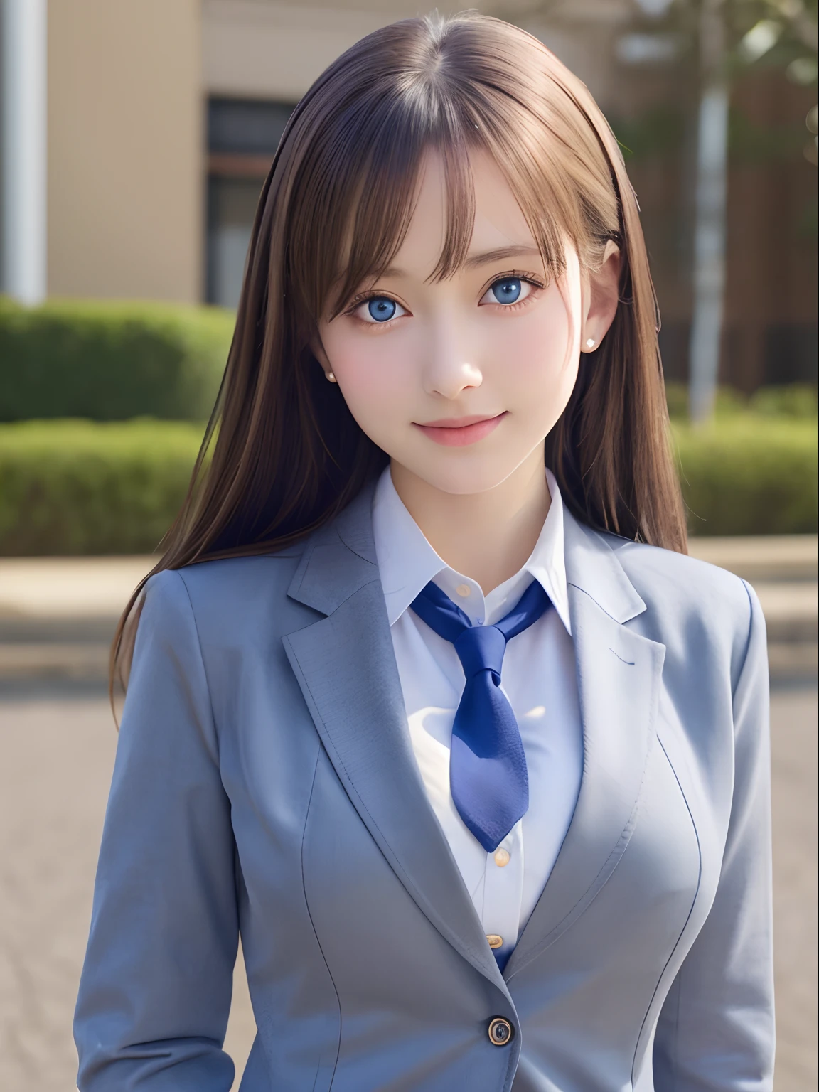 8K, Best Quality, real picture, Intricate details, ultra-detailliert, 超A high resolution, Depth Field,(Photorealistic,Realistic:1.2),masutepiece , straight-on shot , from miiddle ,
1girl in, AI_chan, an extremely beautiful 17-year-old girl, Innocent big eyes,、beutiful breast:1.5、ultradetailed eyes:1.2)、(Beautiful breasts:1.1)、a blond、Twin-tailed、blue eyess, flawless skin, Fair skin, Huge breasts, cleavage, Narrow waist, Light blush, Solo, Looking at Viewer, lightsmile,
 ((School_uniform),(Dark blue blazer),  (white  shirt、Wearing a tie), (Grey pleated skirt), 
(Gravure Pose :1.1)