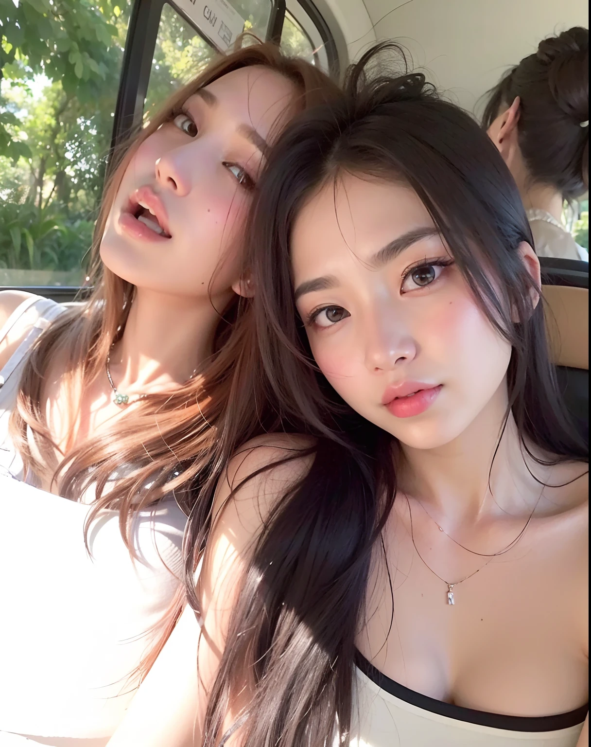 ​masterpiece、Two beautiful girls、A detailed eye、超A high resolution(reality:1.4)very extremely beautiful, Beautiful skins, A slender,skinny  body、being thin、thin and long legs、 Forward-facing body, (A hyper-realistic), (hight resolution), (8K), (ighly detailed), (ultra-detailliert), 详细的脸,、Ecstatic look、Both of them naked、twin homosexuality、NSFW、In the car、Perfect proportions、Lesbian sex