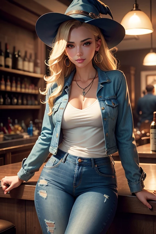 beautiful young witch in a denim suit, sitting at the bar, medium size classic, soft denim, fashionable denim jacket, tight jeans, stylish, chic, detailed stitching, designer approach, leather boots, high heels, dangling earrings, delicate necklace, wavy blonde hair, perfect styling, subtle highlights, smoky eye makeup, plump lips, sparkling nail polish, confident smile, mood lighting, stylish ambience, craftsmanship details, masterpiece: 1.2, ultra-detailed scene, high-res photos, studio lighting, bold colors , bright atmosphere