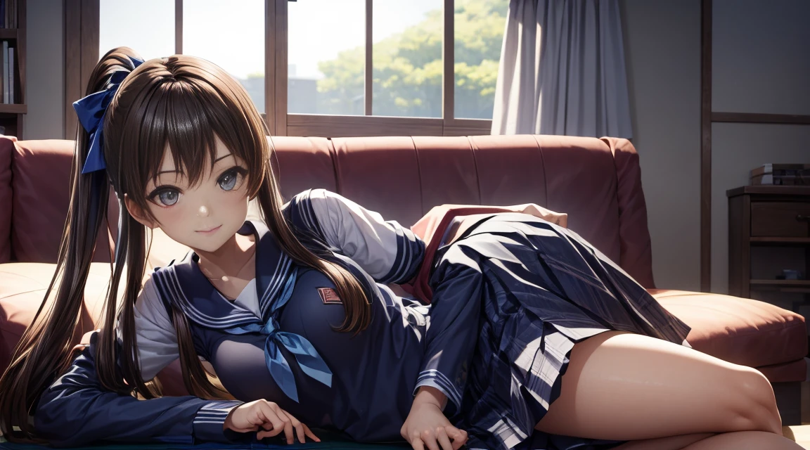 Young girls，double-ponytail，Pale blue hair，red color eyes，JK school uniform，solo person，Maid skirt，white stockings，White knee-length socks，Suspenders，looking to the camera，in a panoramic view，Lying on the couch，Five black males，White T-shirt，denim pant，Smiling at the girl，Masterpiece，Best quality，Japanese style binding，tatami mats，bedroom background，4k，Outstanding work。