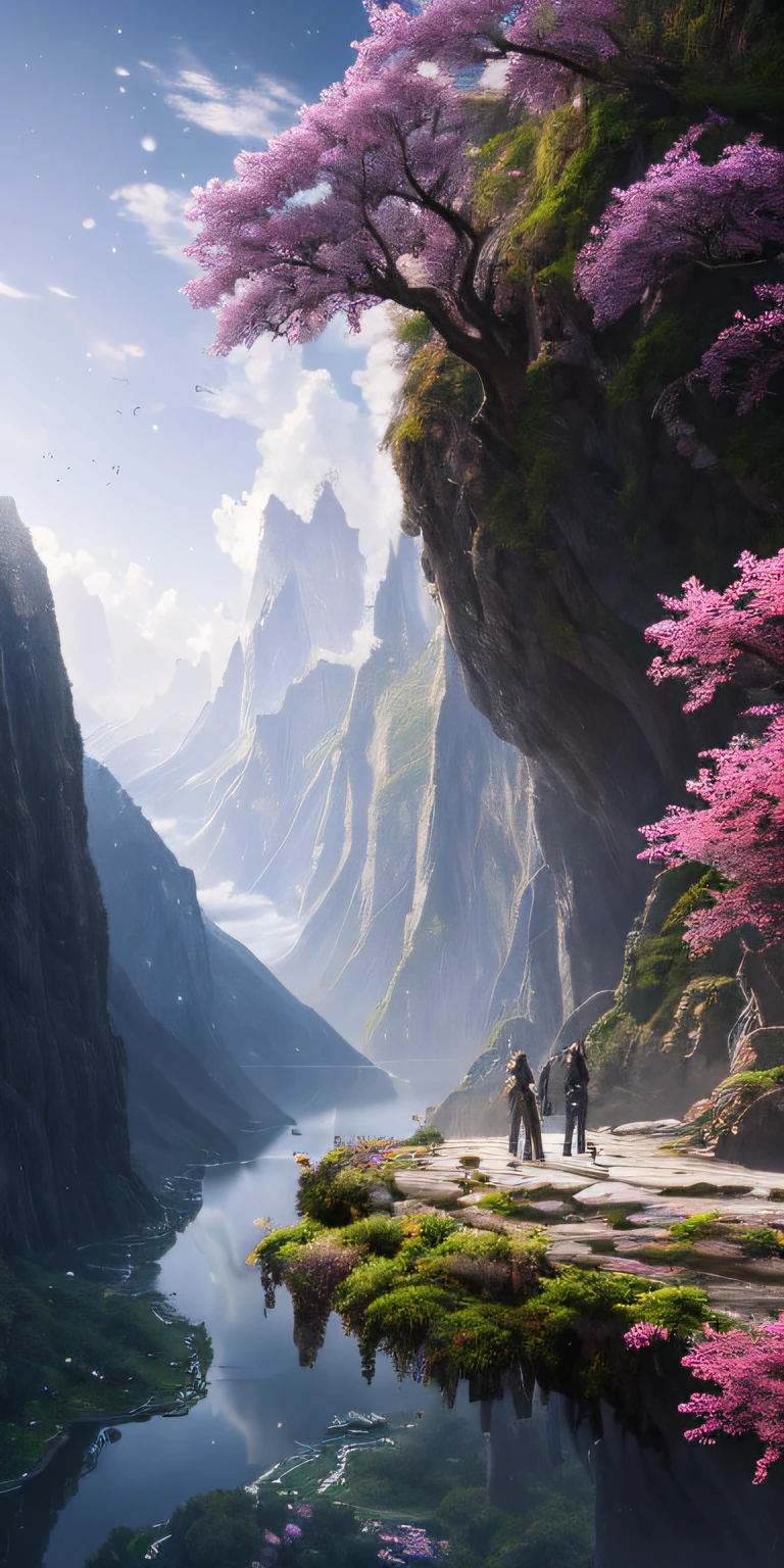 masterpiece, best quality, high quality, extremely detailed CG unity 8k wallpaper, scenery, outdoors,flower, cloud, day, no humans, mountain, landscape, water, tree, snowing, waterfall, cliff, nature, lake, river, snowflakes,award winning photography, Bokeh, Depth of Field, HDR, bloom, Chromatic Aberration ,Photorealistic,extremely detailed, trending on artstation, trending on CGsociety, Intricate, High Detail, dramatic, art by midjourney