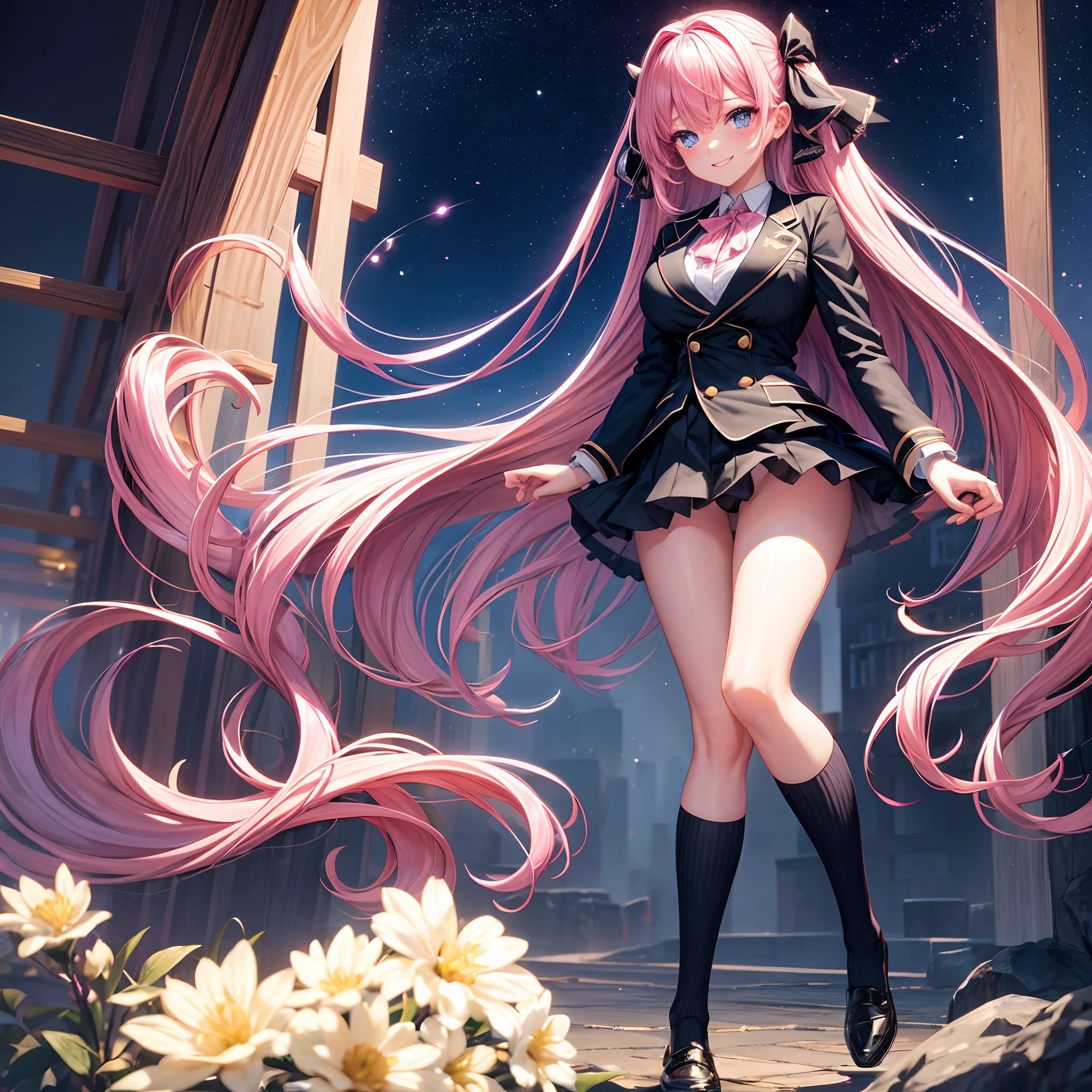 A starry sky,a beauty girl,anime a girl,Black Blazer,Ribbon on uniform,huge tit,a smile,Pink hair,blue eyess,beautiful a girl,She's an Angel,girl,Long,masterpiece,Excellent style,Loose Socks,超A high resolution