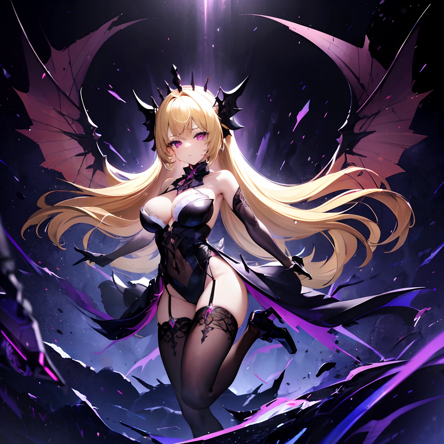 (1 girl, solo, Fischl), pink eyes, blonde hair with purple tips, long straight hair, black legwear, partially naked, tempting outfit, tattoo marks on body, wings, mouth open, looking at viewer, eyes wide open, confused expression, dark goddess, veil on head, sleeveless divine outfit