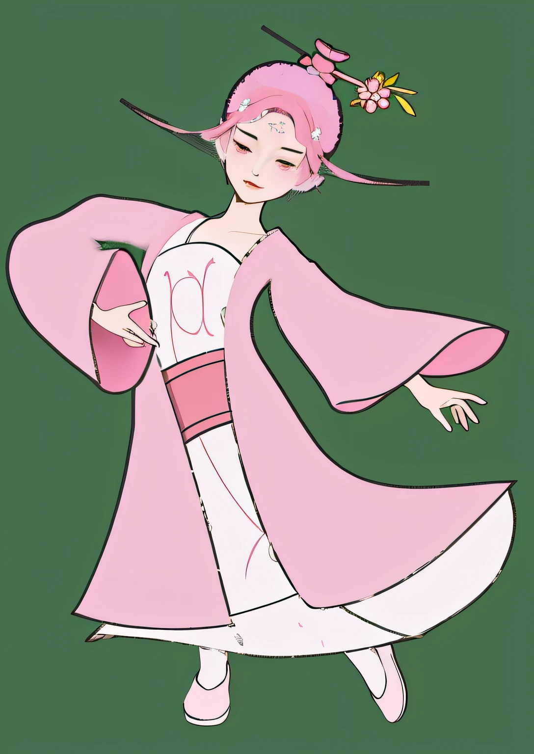 A cartoon girl in a pink dress holding a fan and a pink hat, the non-binary deity of spring, inspired by Josetsu, sakura petals around her, inspired by Tani Bunchō, inspired by Rumiko Takahashi, geisha prima ballerina, inspired by Koryusai Isoda, inspired by Nishikawa Sukenobu